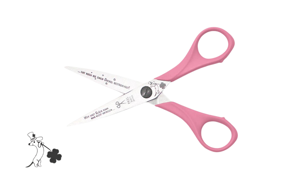 Greta's Dackel-Bastelschere von PAUL in Rosa mit Gravur "Wer sagt Glück kann man nicht anfassen... hat noch nie einen Dackel gestreichelt!".
