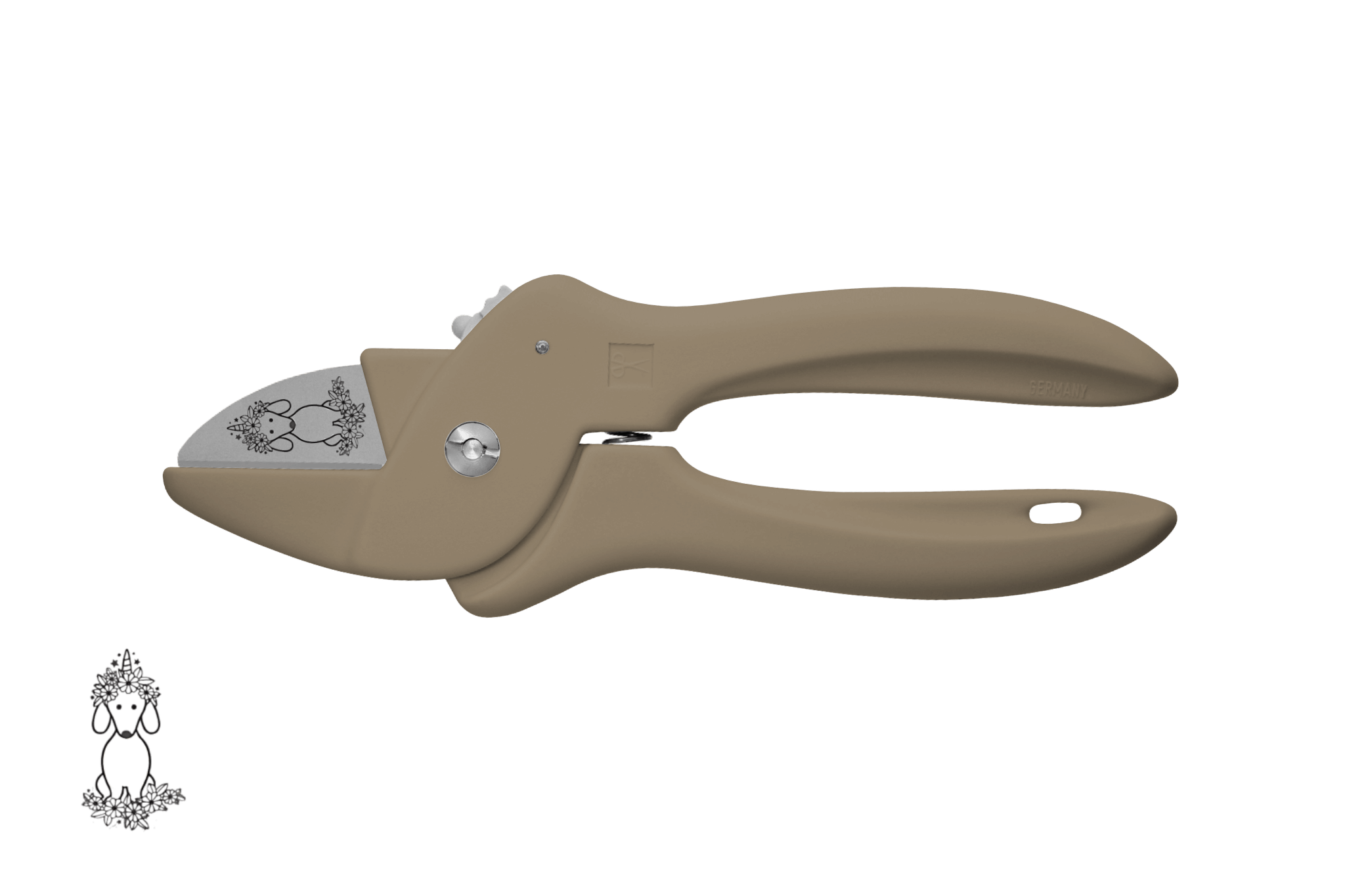 Greta's Dackel-Blumenschere von PAUL in Beigegrau, veredelt mit einer detailreichen Dackel-Einhorn-Gravur.
