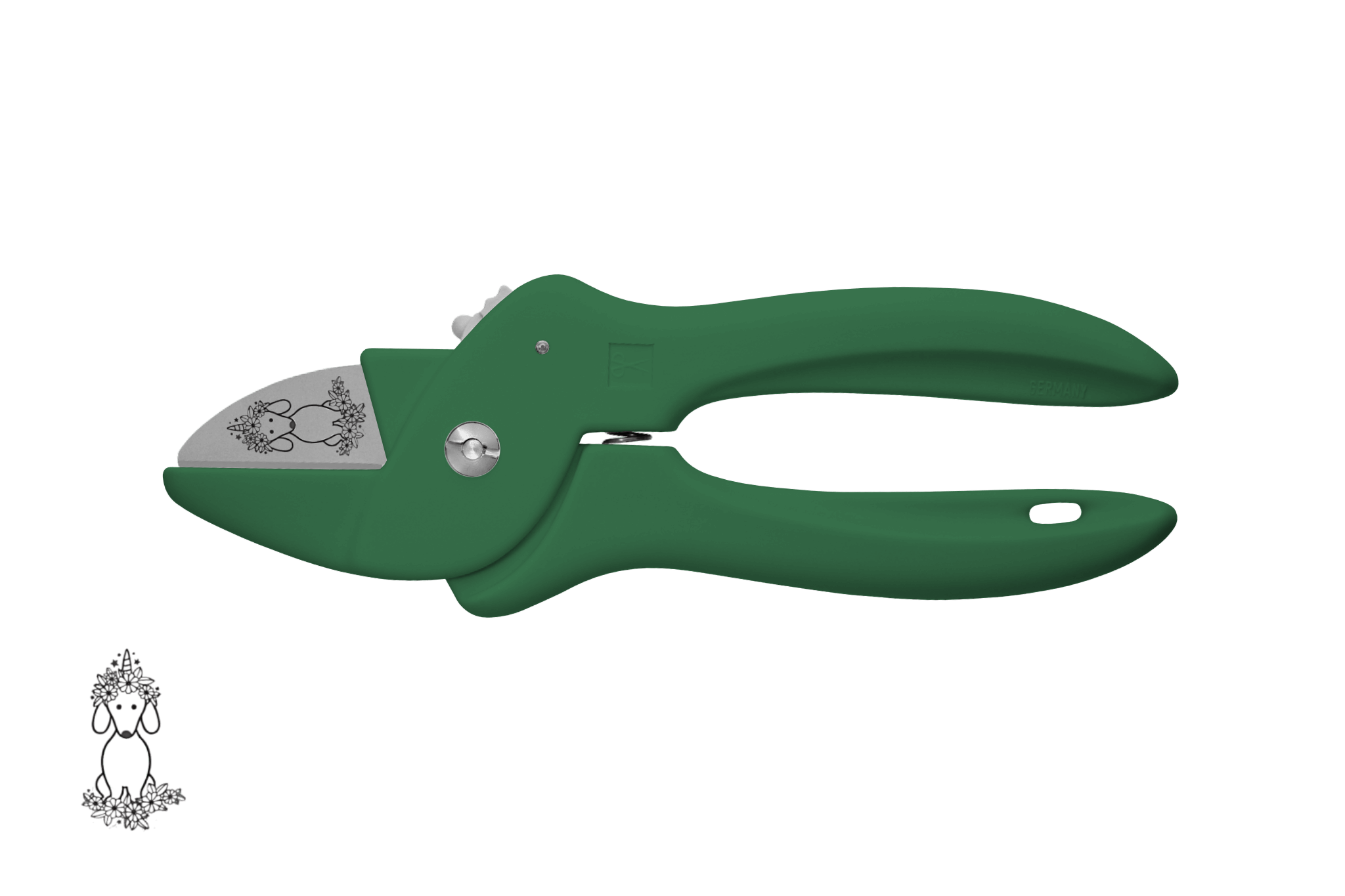 Greta's Dackel-Blumenschere von PAUL in Dunkelgrün, veredelt mit einer detailreichen Dackel-Einhorn-Gravur.
