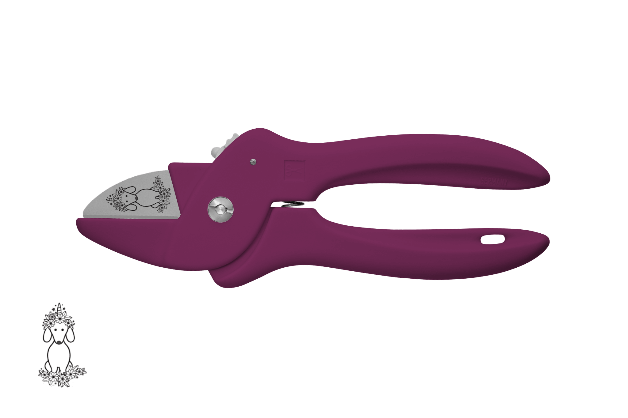 Greta's Dackel-Blumenschere von PAUL in Dunkellila, veredelt mit einer detailreichen Dackel-Einhorn-Gravur.
