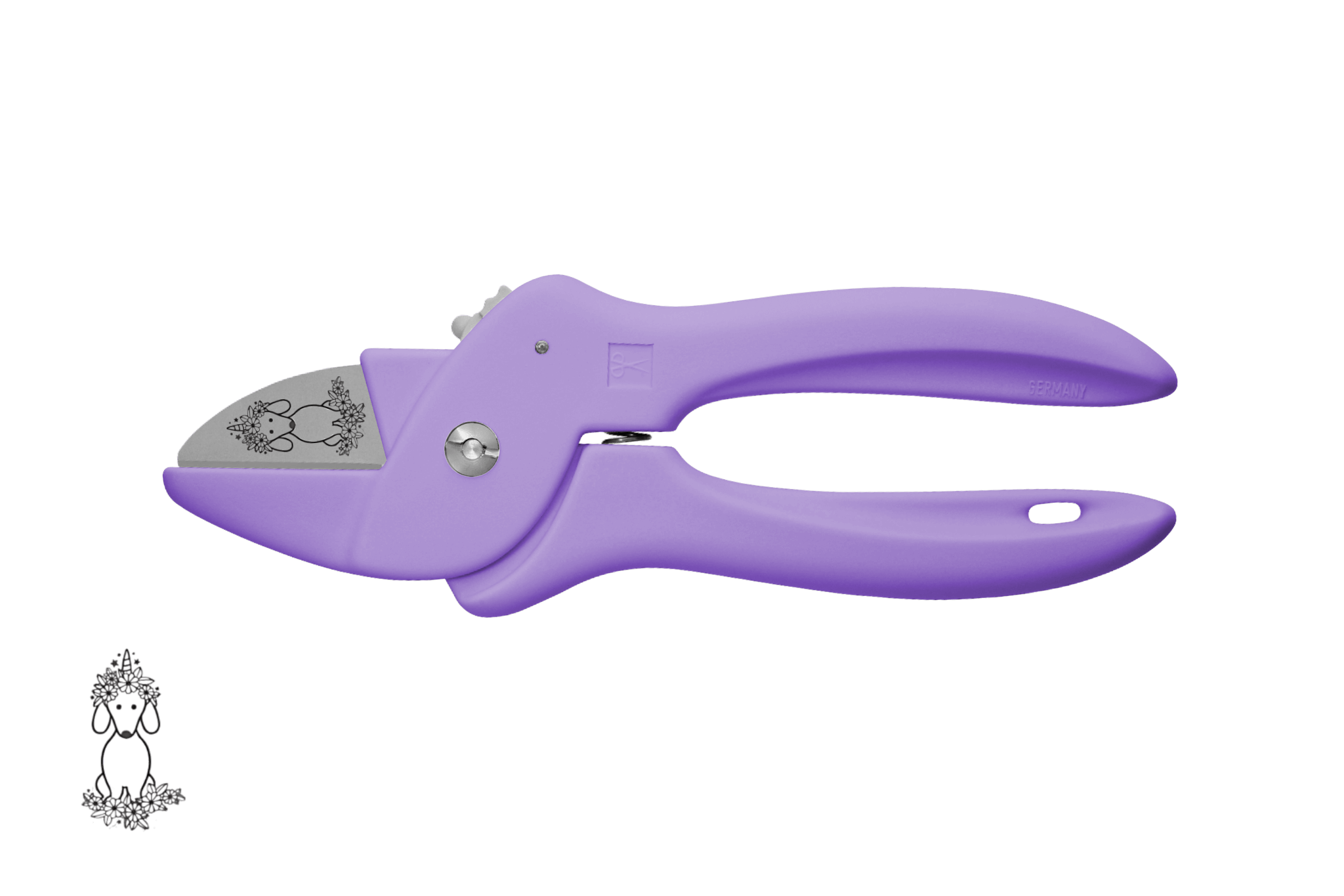 Greta's Dackel-Blumenschere von PAUL in Helllila, veredelt mit einer detailreichen Dackel-Einhorn-Gravur.
