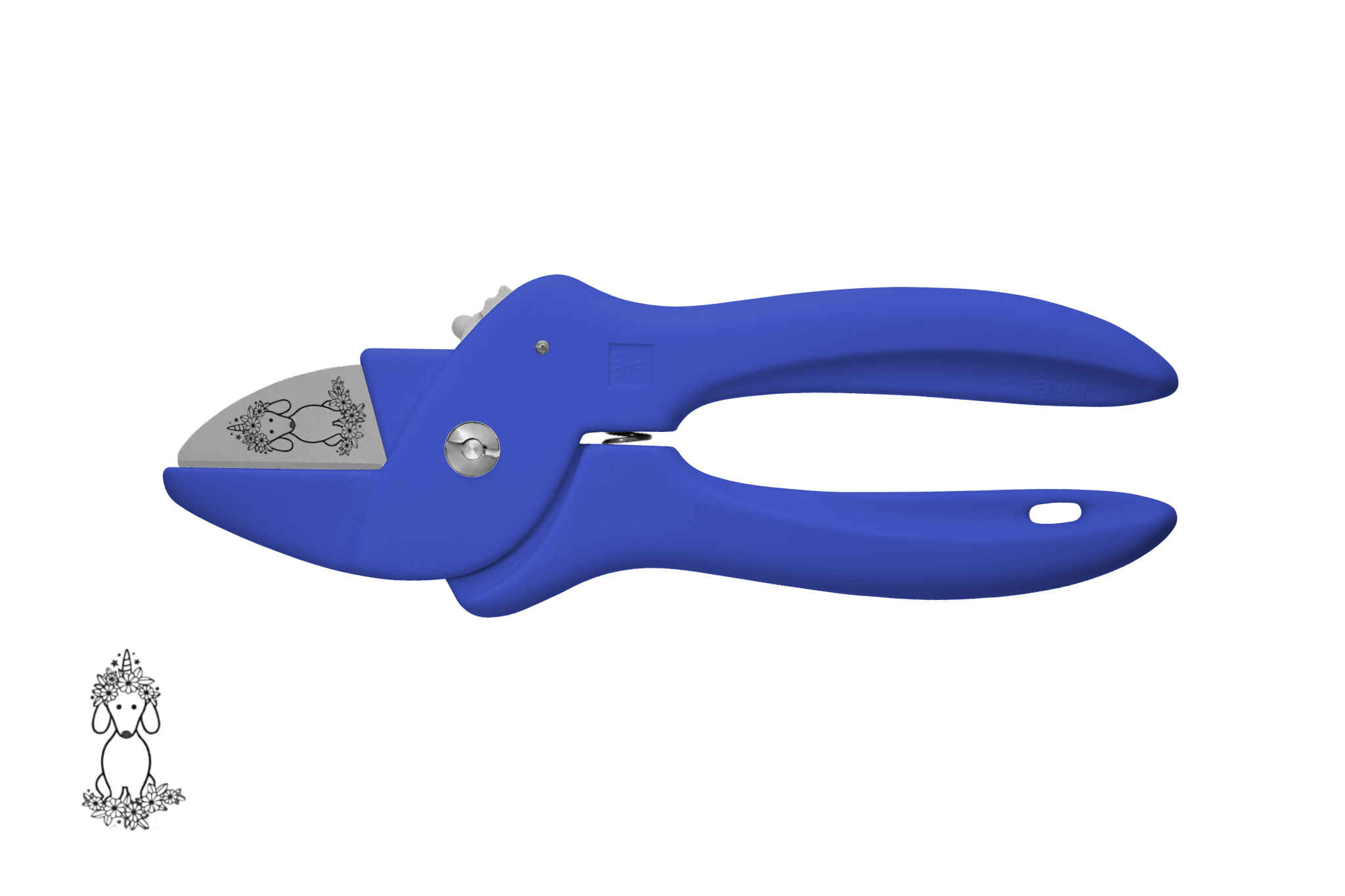 Greta's Dackel-Blumenschere von PAUL in Königsblau, veredelt mit einer detailreichen Dackel-Einhorn-Gravur.
