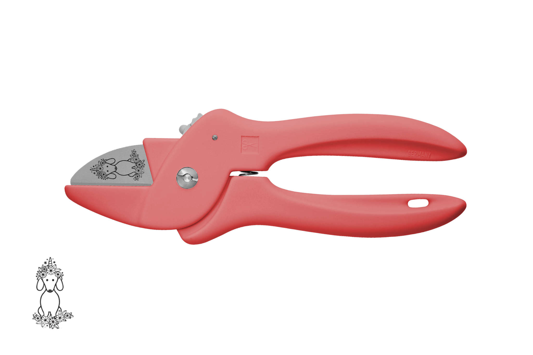 Greta's Dackel-Blumenschere von PAUL in Koralle, veredelt mit einer detailreichen Dackel-Einhorn-Gravur.
