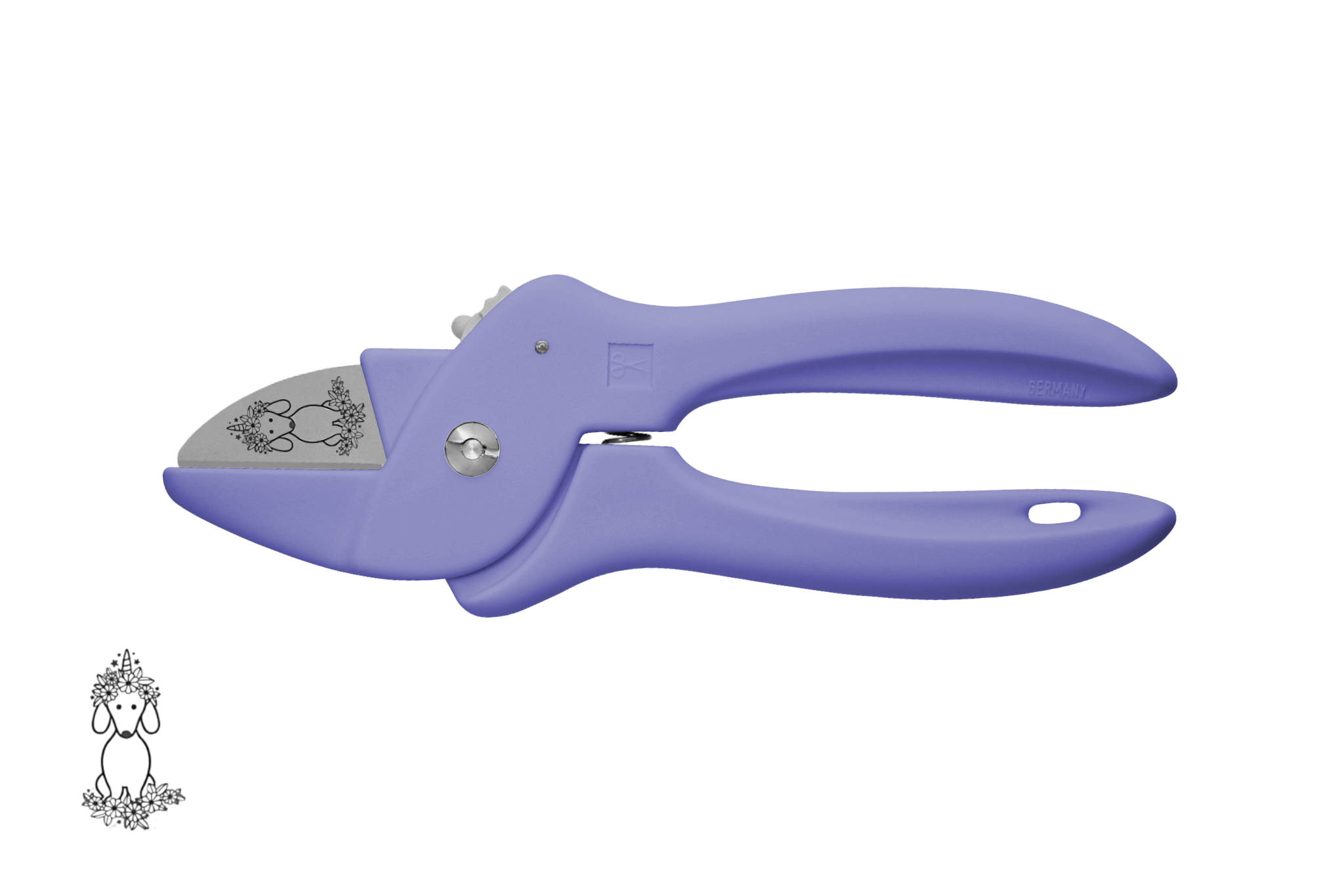 Greta's Dackel-Blumenschere von PAUL in Lavendel, veredelt mit einer detailreichen Dackel-Einhorn-Gravur.
