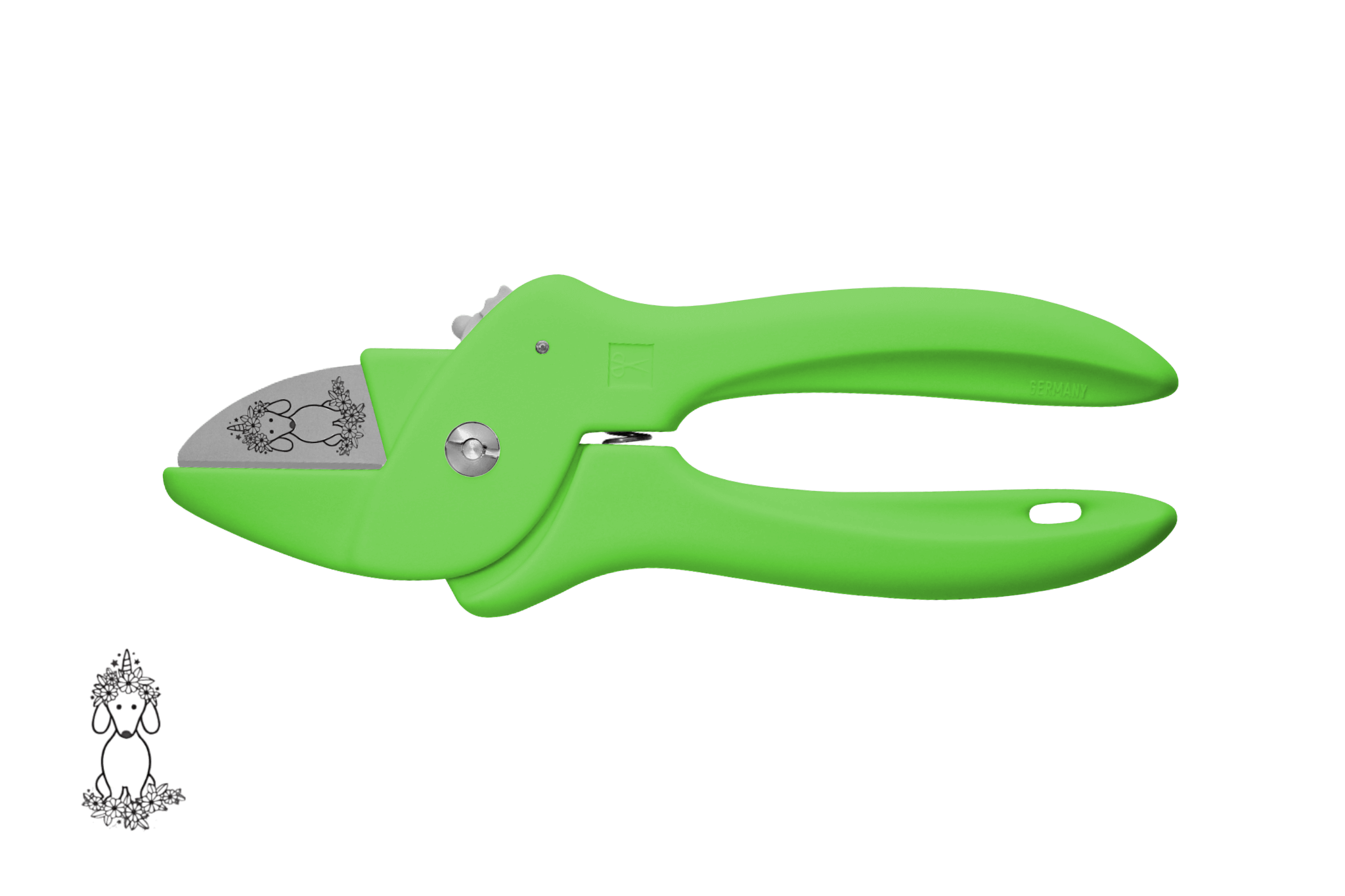 Greta's Dackel-Blumenschere von PAUL in Neongrün, veredelt mit einer detailreichen Dackel-Einhorn-Gravur.
