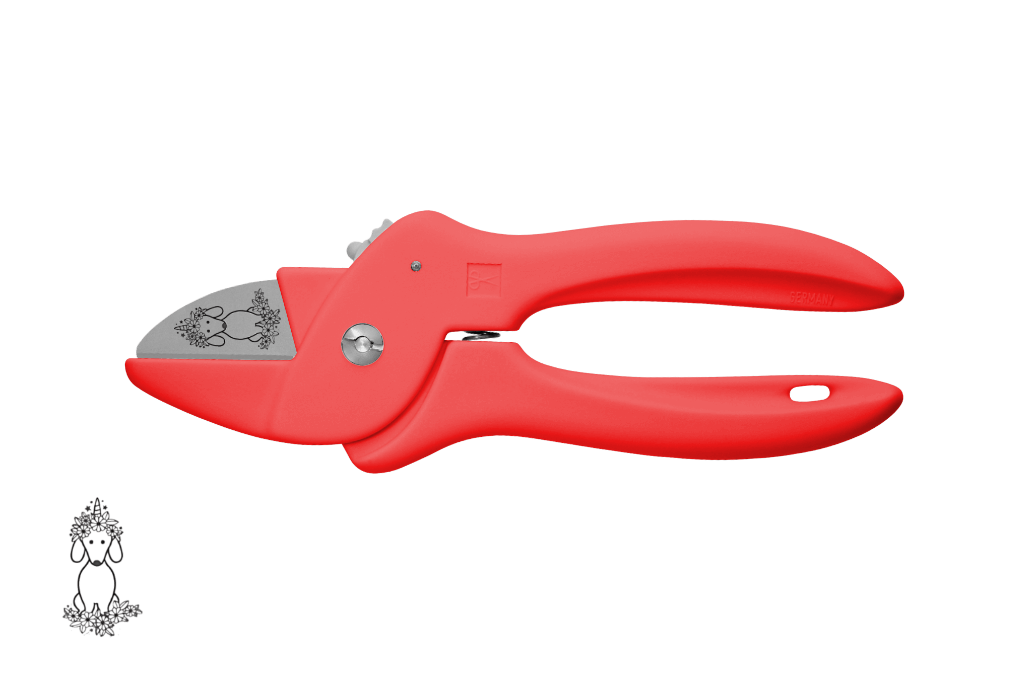 Greta's Dackel-Blumenschere von PAUL in Neongrün, veredelt mit einer detailreichen Dackel-Einhorn-Gravur.
