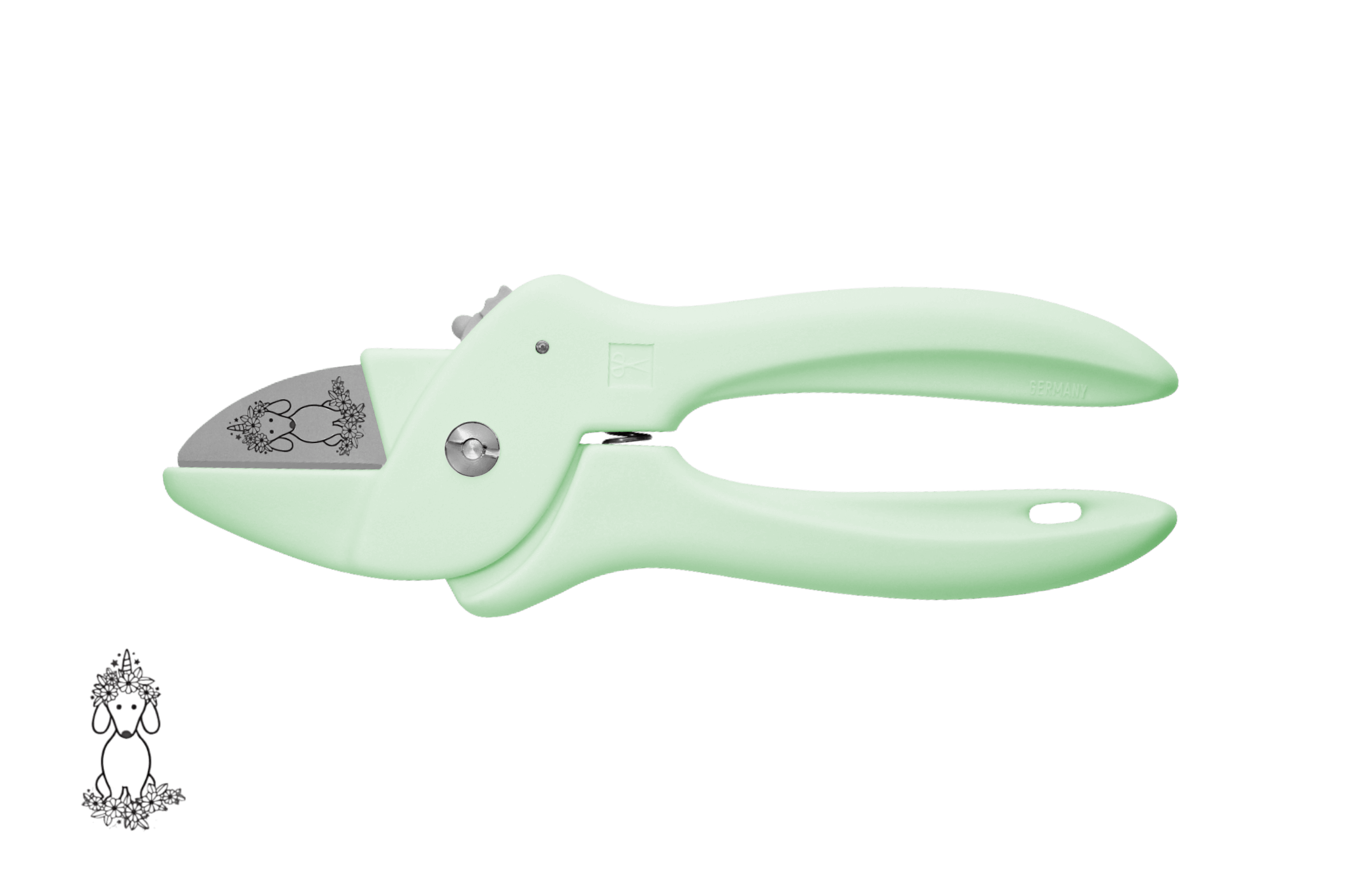 Greta's Dackel-Blumenschere von PAUL in Pastell-Grün, veredelt mit einer detailreichen Dackel-Einhorn-Gravur.
