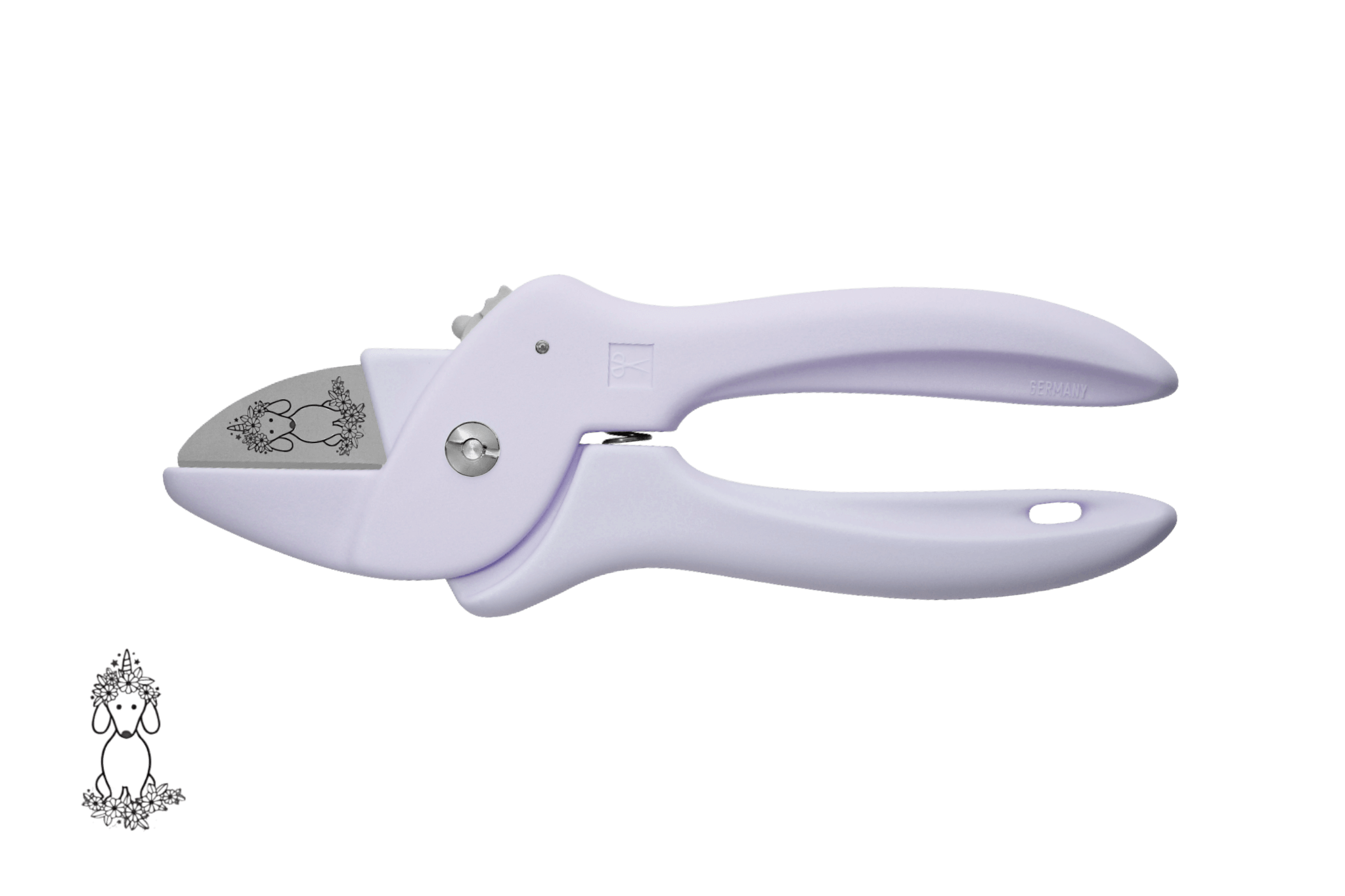 Greta's Dackel-Blumenschere von PAUL in Pastell-Lavendel, veredelt mit einer detailreichen Dackel-Einhorn-Gravur.
