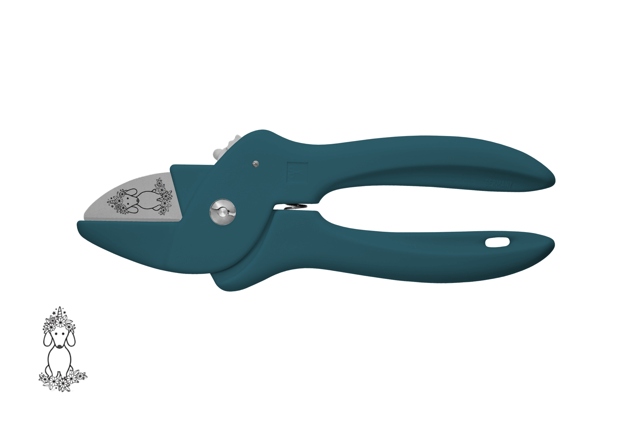 Greta's Dackel-Blumenschere von PAUL in Petrol, veredelt mit einer detailreichen Dackel-Einhorn-Gravur.
