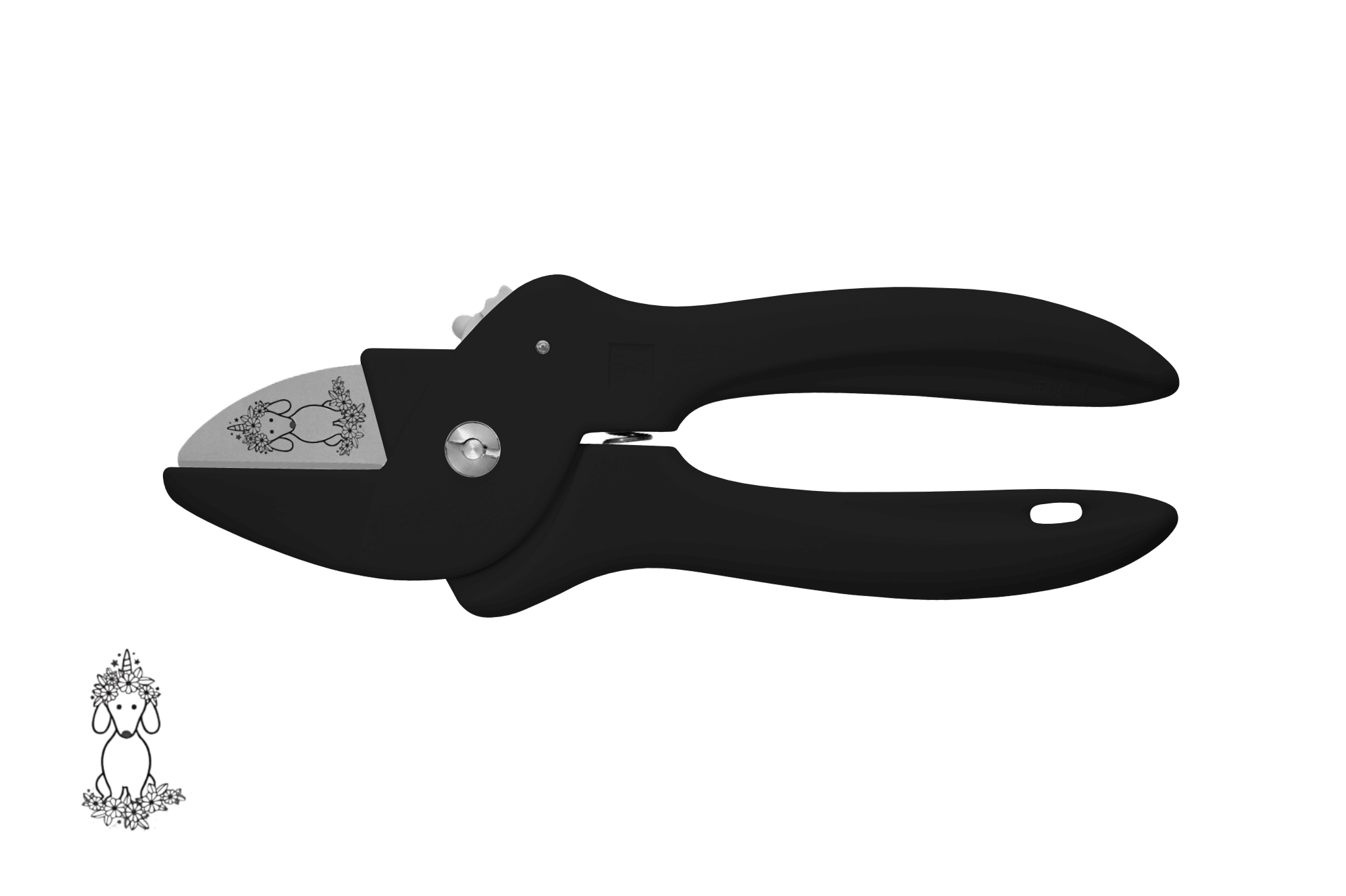 Greta's Dackel-Blumenschere von PAUL in Schwarz, veredelt mit einer detailreichen Dackel-Einhorn-Gravur.

