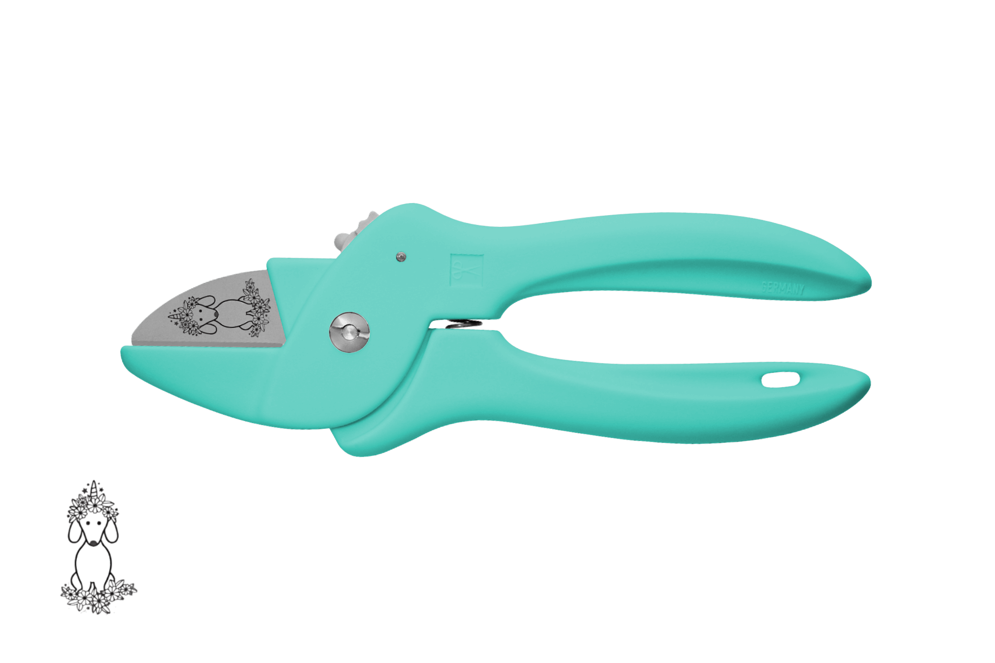 Greta's Dackel-Blumenschere von PAUL in Türkis, veredelt mit einer detailreichen Dackel-Einhorn-Gravur.
