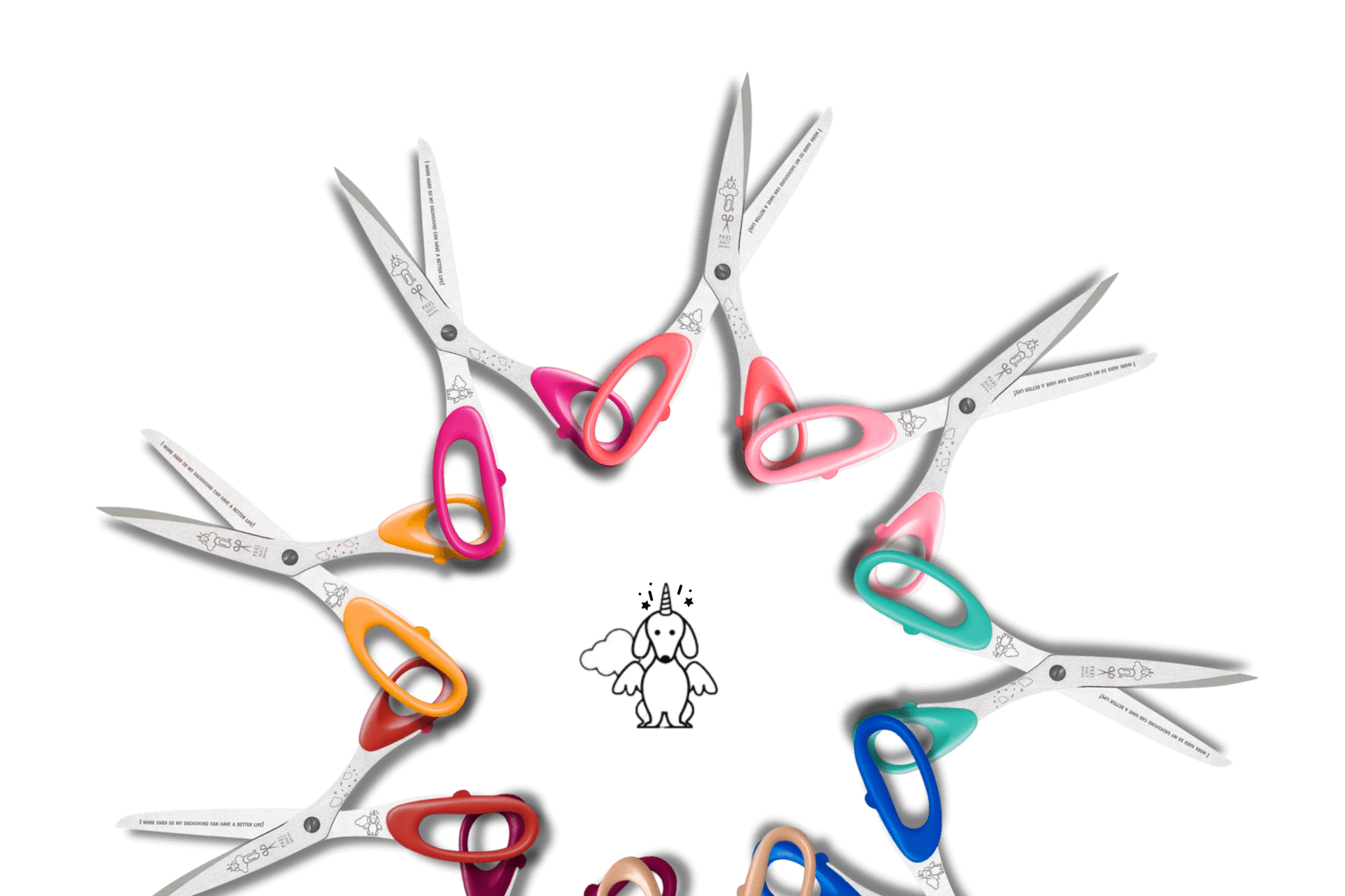 Verschiedene Greta's Dackel-Büroscheren von Scherenmanufaktur-PAUL mit bunten Griffen und Gravuren, kreisförmig angeordnet.
