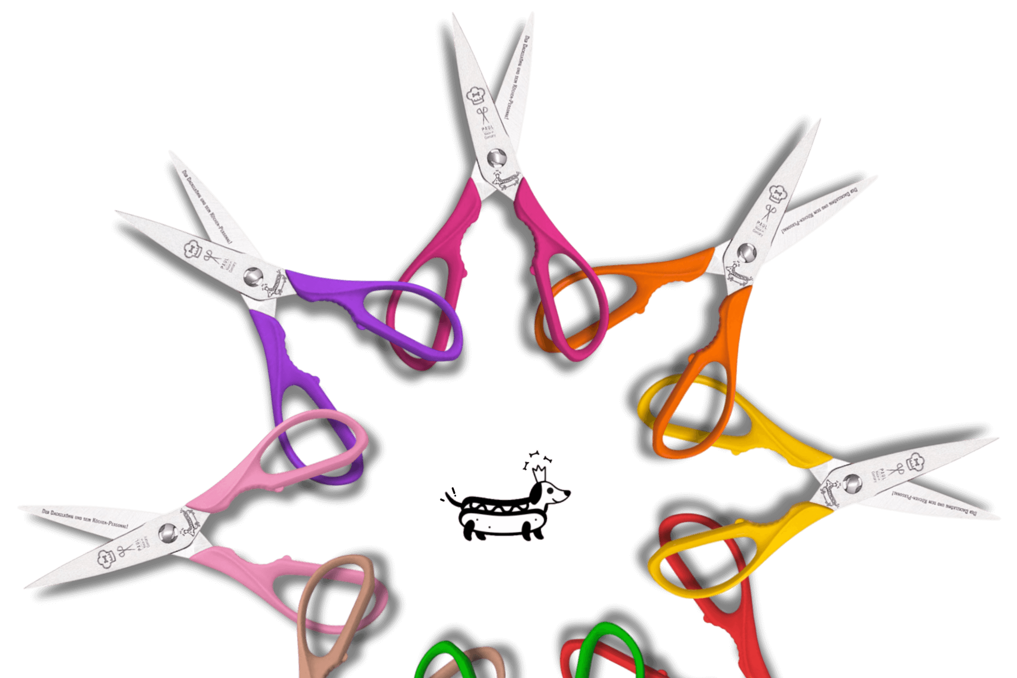 Verschiedene Greta's Dackel-Küchenscheren von Scherenmanufaktur-PAUL mit bunten Griffen und Gravuren, kreisförmig angeordnet.
