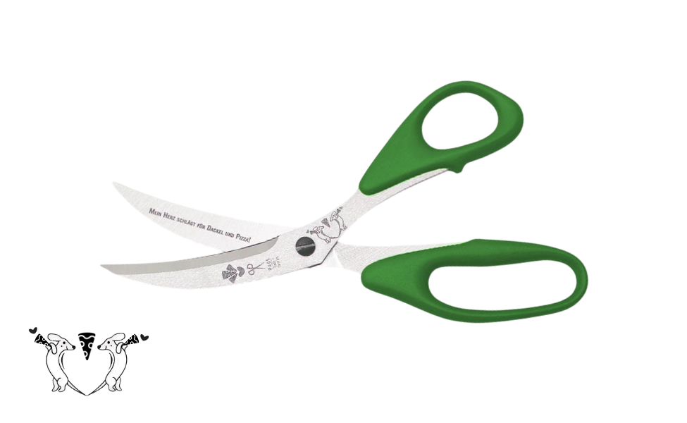 Greta's Dackel-Pizzaschere von PAUL in Dunkelgrün mit Gravur "Mein Herz schlägt für Dackel und Pizza!".
