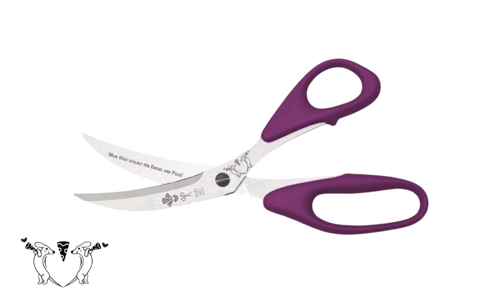 Greta's Dackel-Pizzaschere von PAUL in Dunkellila mit Gravur "Mein Herz schlägt für Dackel und Pizza!".
