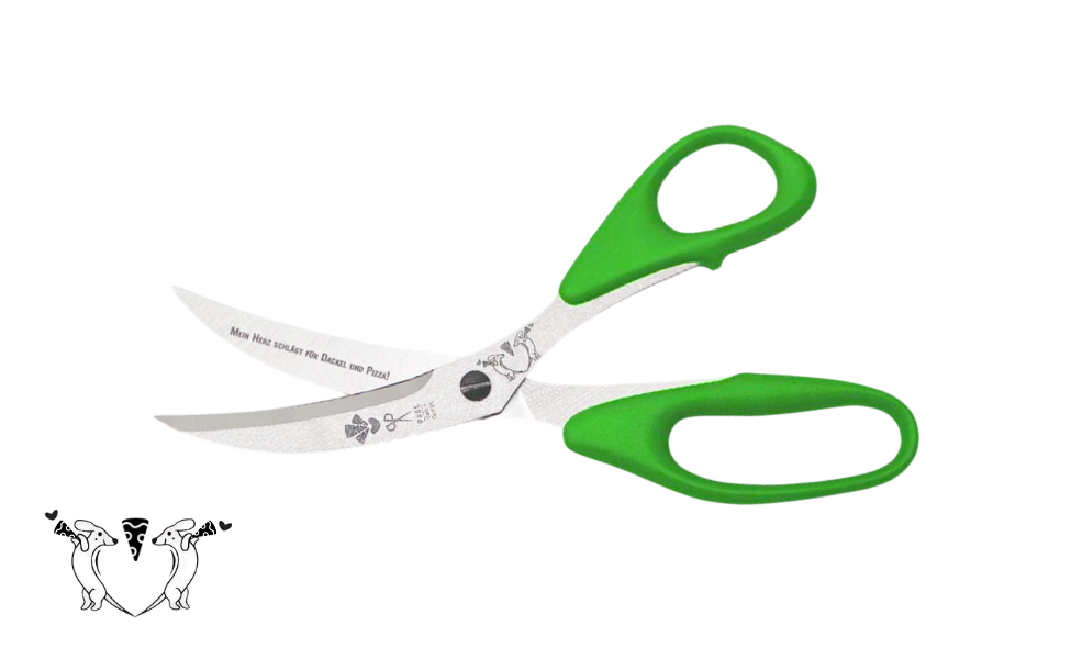 Greta's Dackel-Pizzaschere von PAUL in Grün mit Gravur "Mein Herz schlägt für Dackel und Pizza!".
