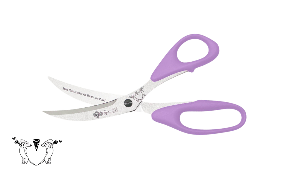 Greta's Dackel-Pizzaschere von PAUL in Helllila mit Gravur "Mein Herz schlägt für Dackel und Pizza!".
