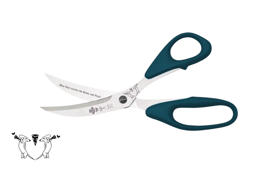 Greta's Dackel-Pizzaschere von PAUL in Petrol mit Gravur "Mein Herz schlägt für Dackel und Pizza!".
