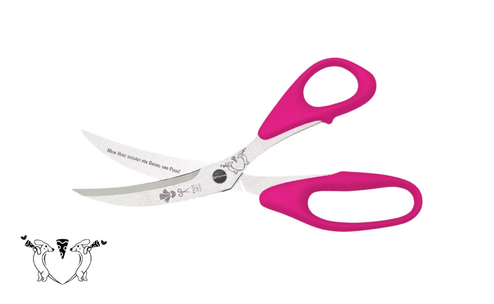 Greta's Dackel-Pizzaschere von PAUL in Pink mit Gravur "Mein Herz schlägt für Dackel und Pizza!".
