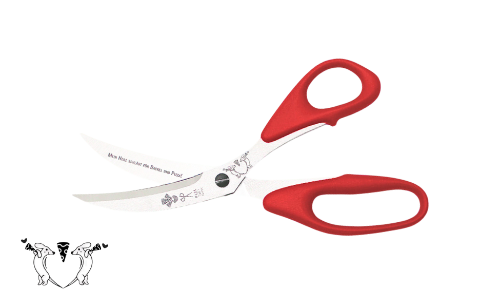 Greta's Dackel-Pizzaschere von PAUL in Rot mit Gravur "Mein Herz schlägt für Dackel und Pizza!".
