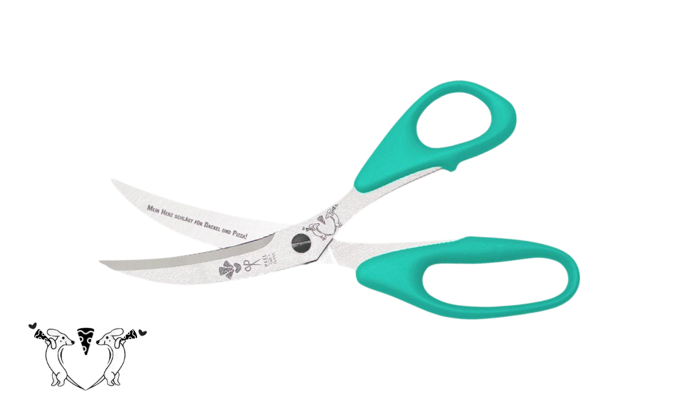 Greta's Dackel-Pizzaschere von PAUL in Türkis mit Gravur "Mein Herz schlägt für Dackel und Pizza!".
