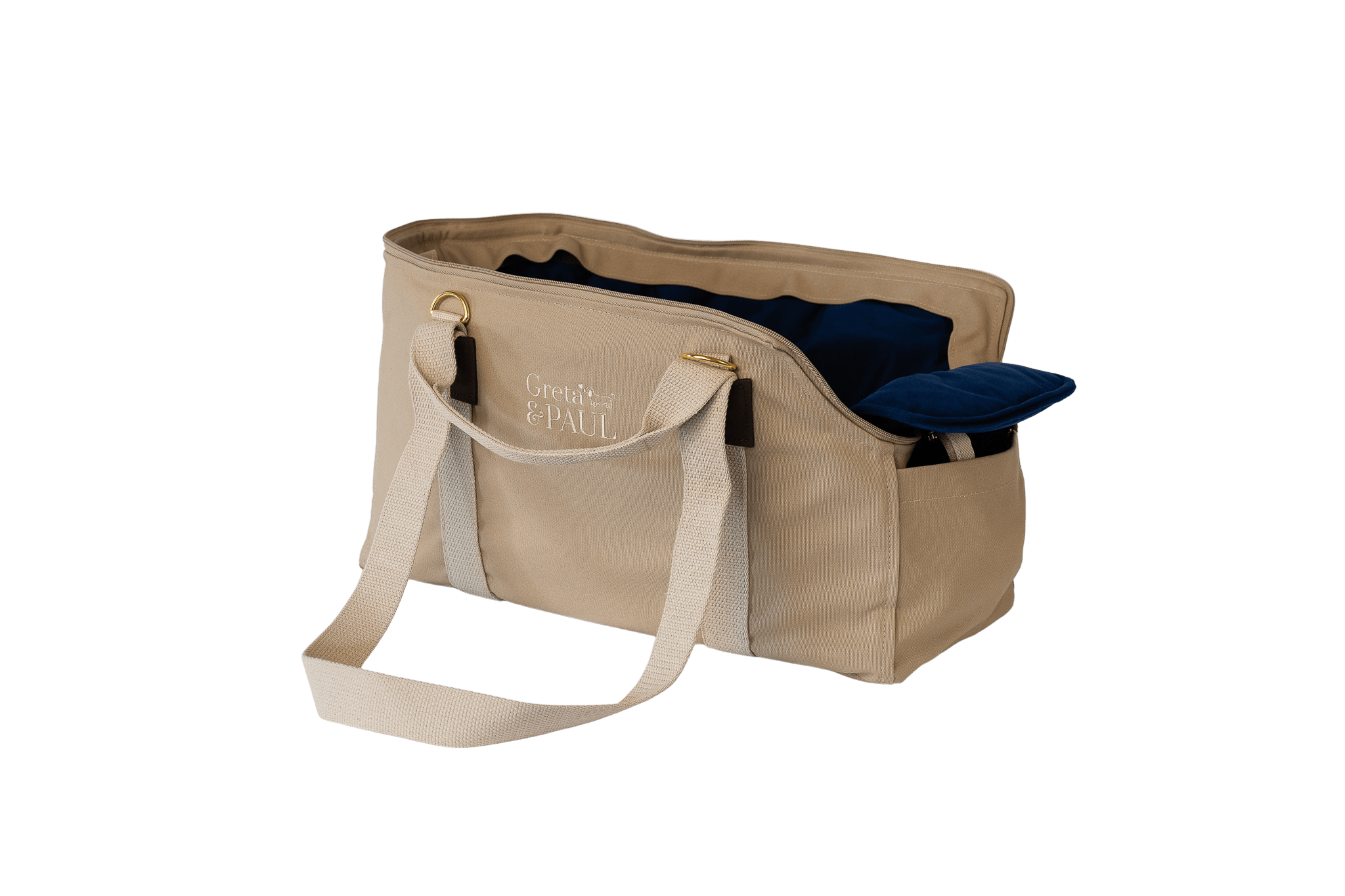 Gretas Hundetasche aus der Sommer-Kollektion in Beige mit königsblauem Samt-Inlay, Ansicht mit verstautem Netz
