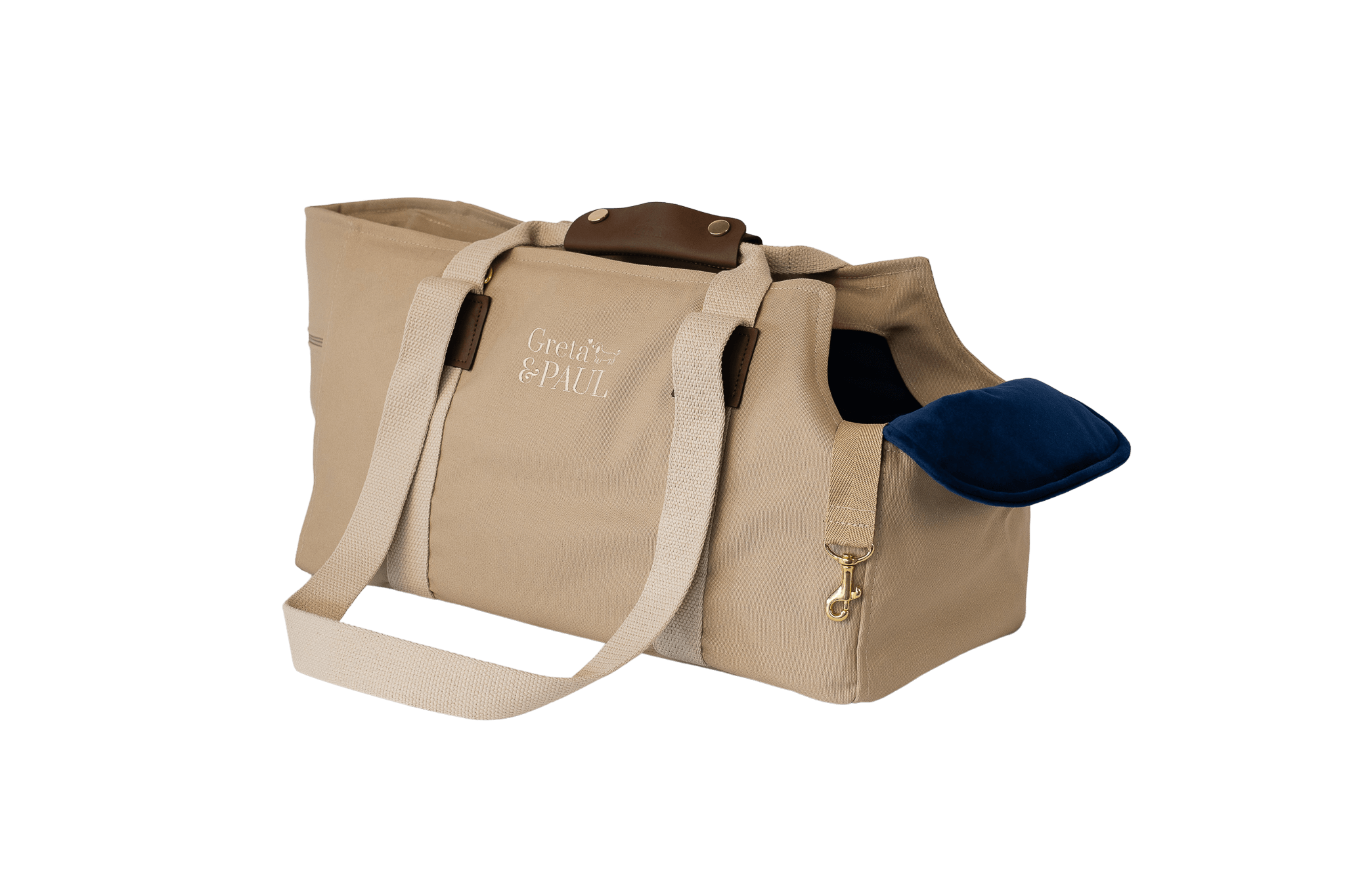 Gretas Hundetasche aus der Sommer-Kollektion in Beige mit königsblauem Samt-Inlay, ohne Netz, Trageansicht