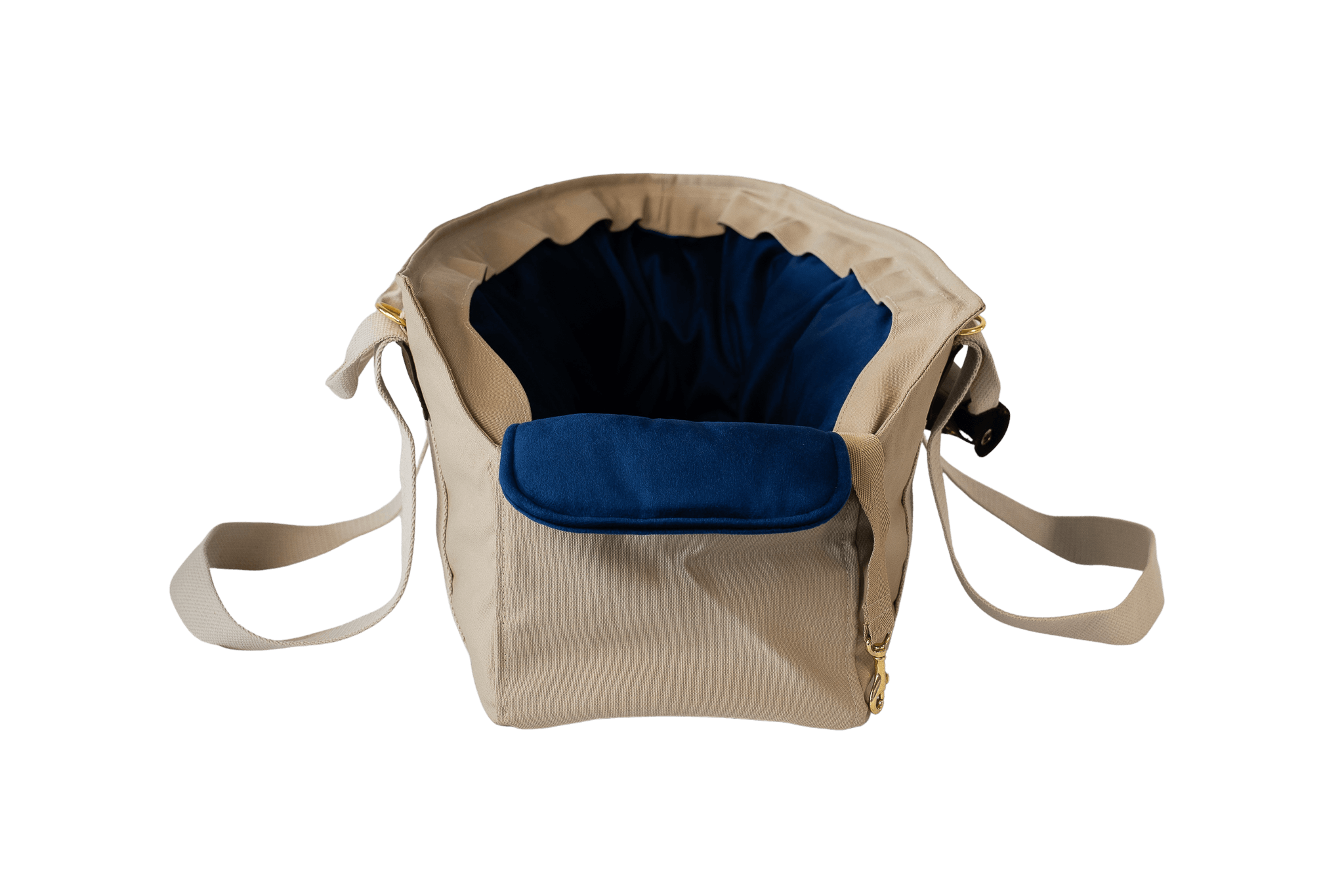 Gretas Hundetasche aus der Sommer-Kollektion in Beige mit königsblauem Samt-Inlay, Vorderansicht, ohne Netz