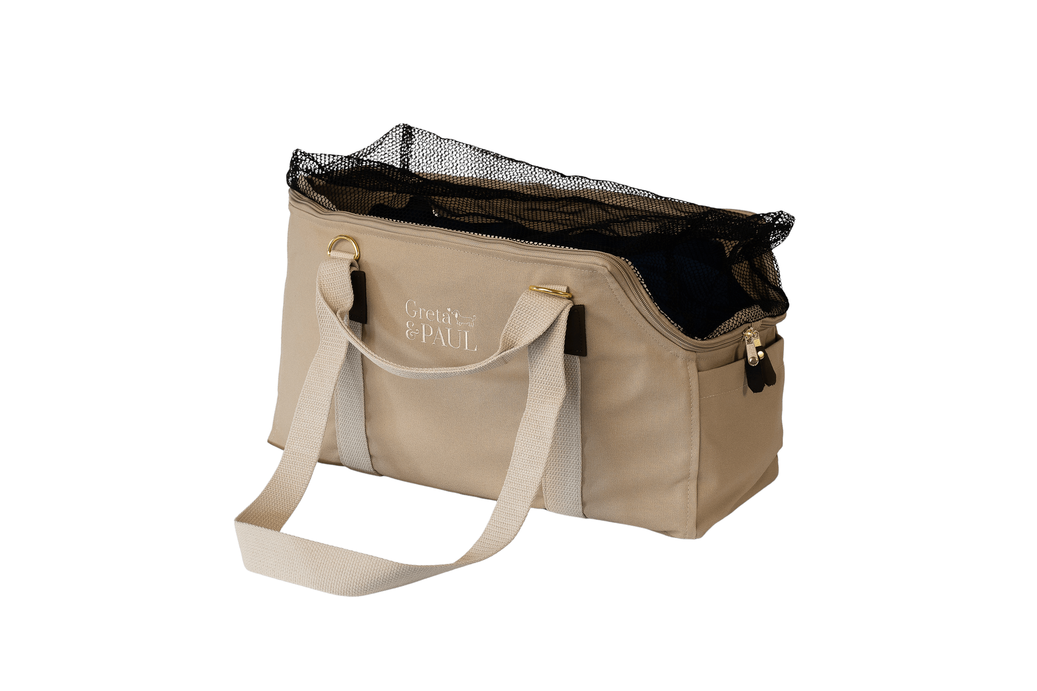 Gretas Hundetasche aus der Sommer-Kollektion in Beige mit königsblauem Samt-Inlay, Ansicht mit geschlossenem Netz