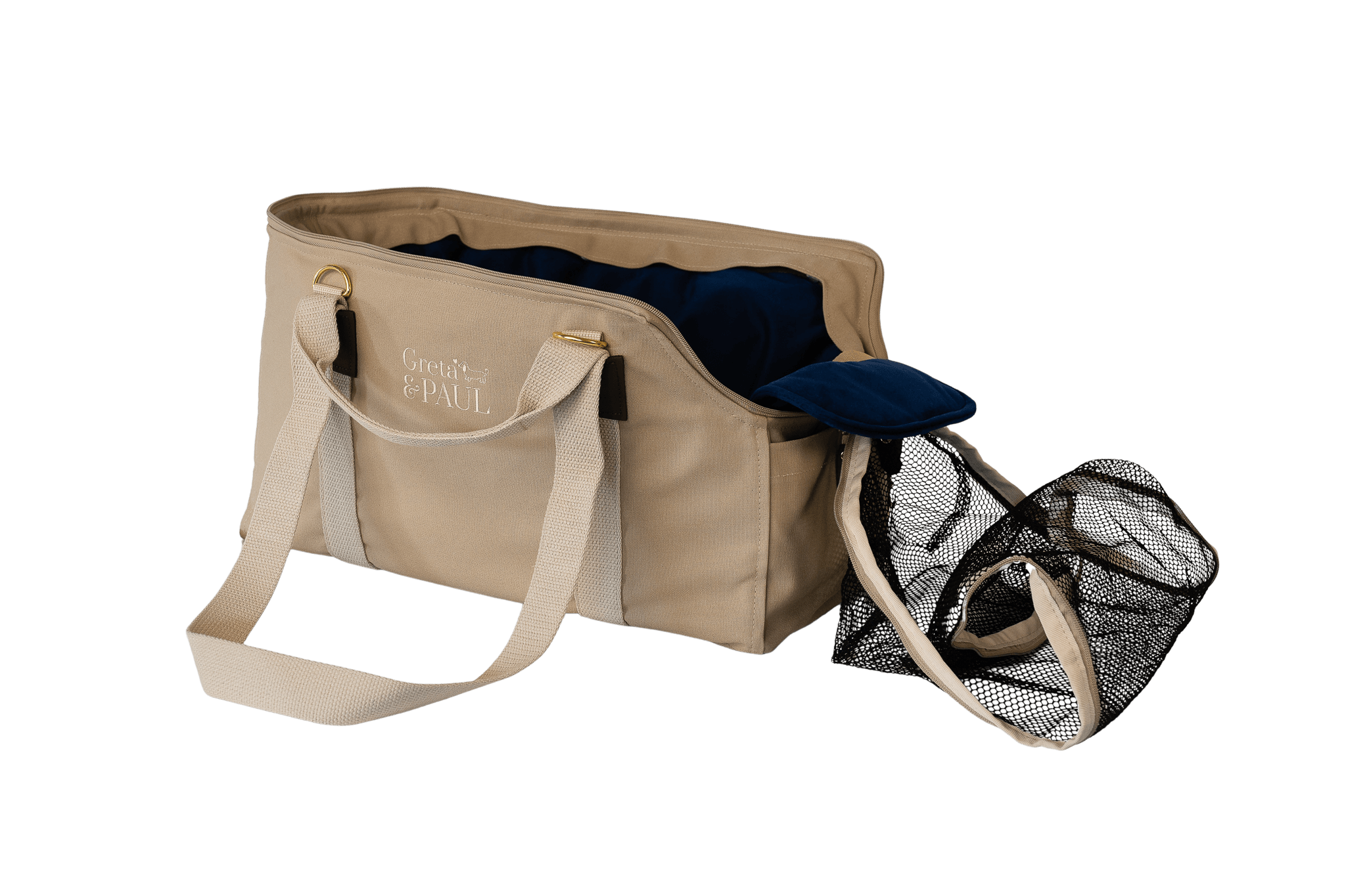 Gretas Hundetasche der Sommer-Kollektion in Beige mit königsblauem Samt-Inlay, offene Ansicht mit Sicherheitsnetz