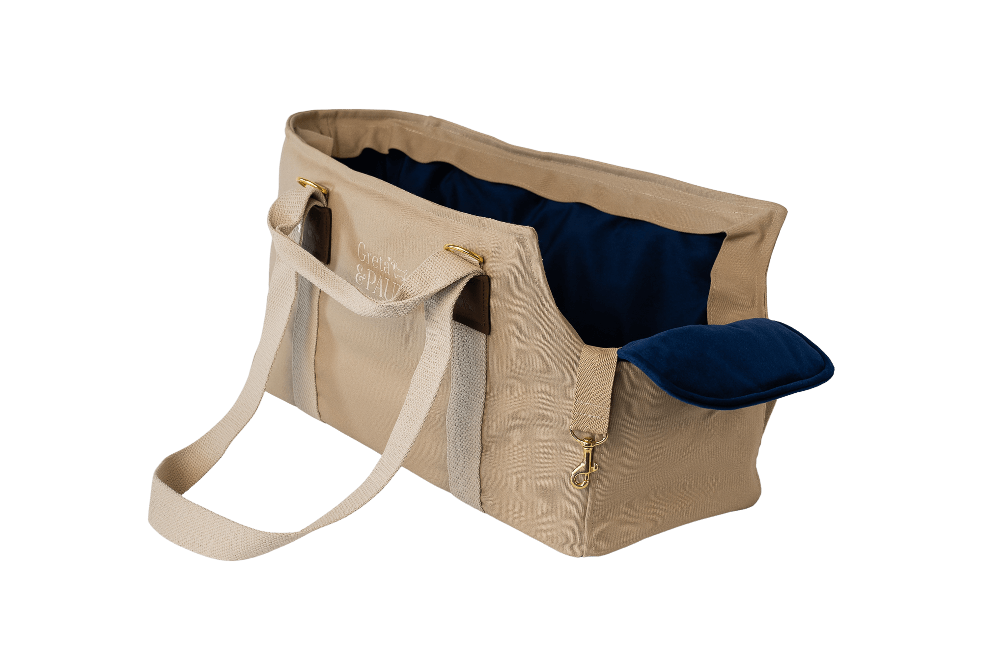 Gretas Hundetasche aus der Sommer-Kollektion in Beige mit königsblauem Samt-Inlay, ohne Netz