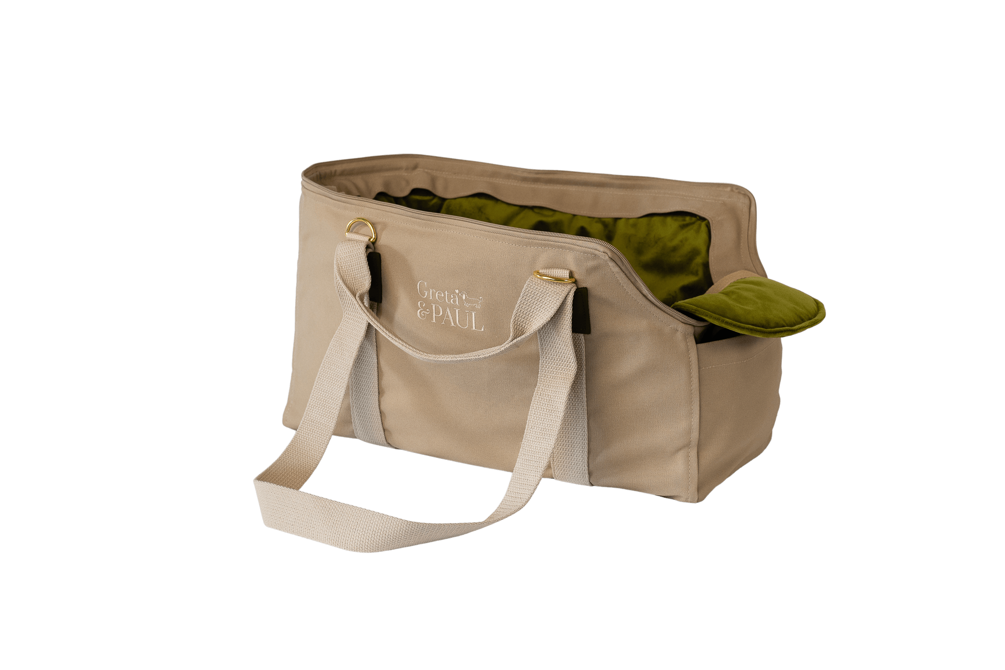 Gretas Hundetasche aus der Sommer-Kollektion in Beige mit olivgrünem Samt-Inlay, Ansicht mit verstautem Netz