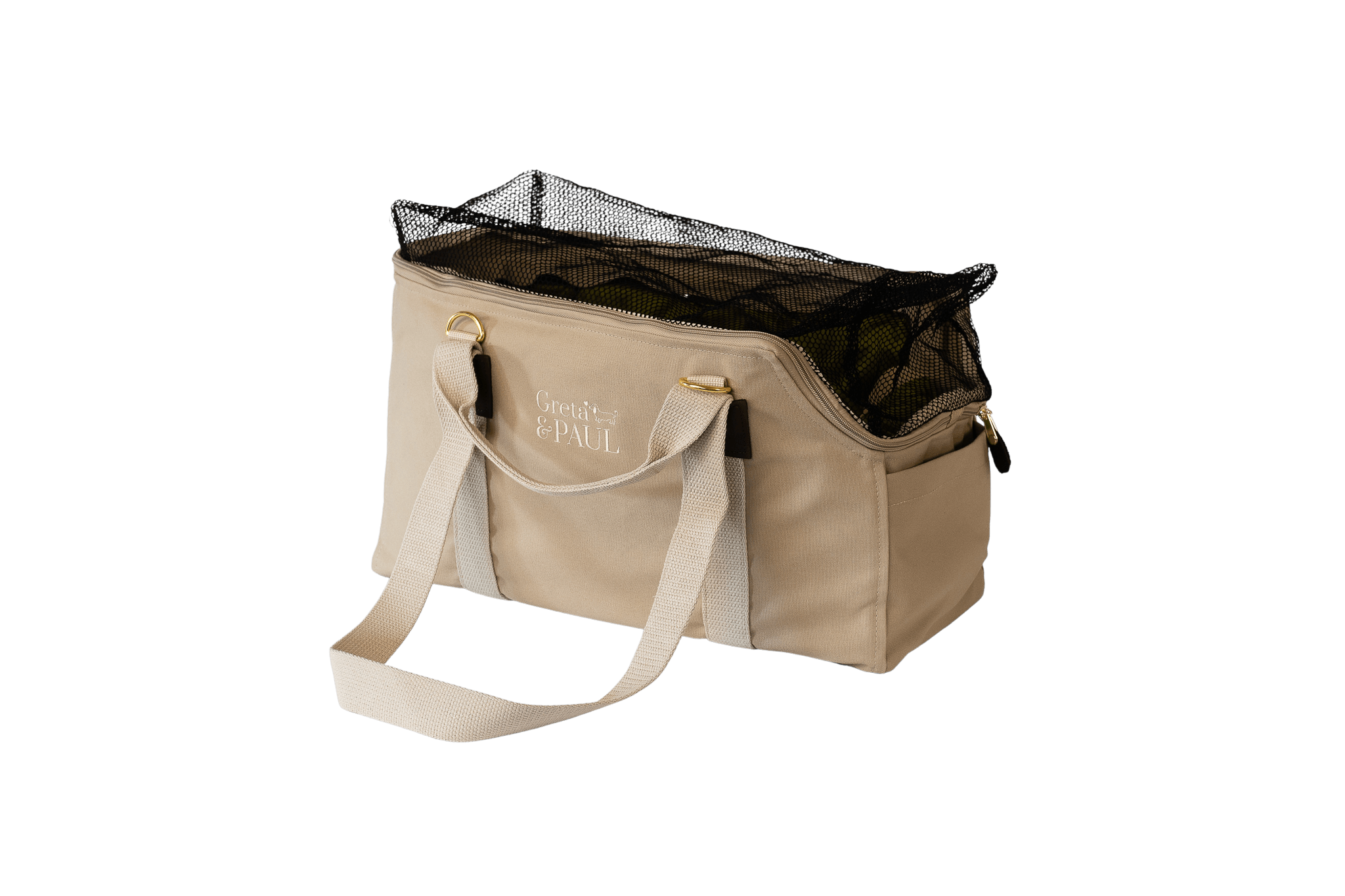 Greta's Hundetasche aus der Sommer-Kollektion in Beige mit olivgrünem Samt-Inlay, Ansicht mit geschlossenem Netz
