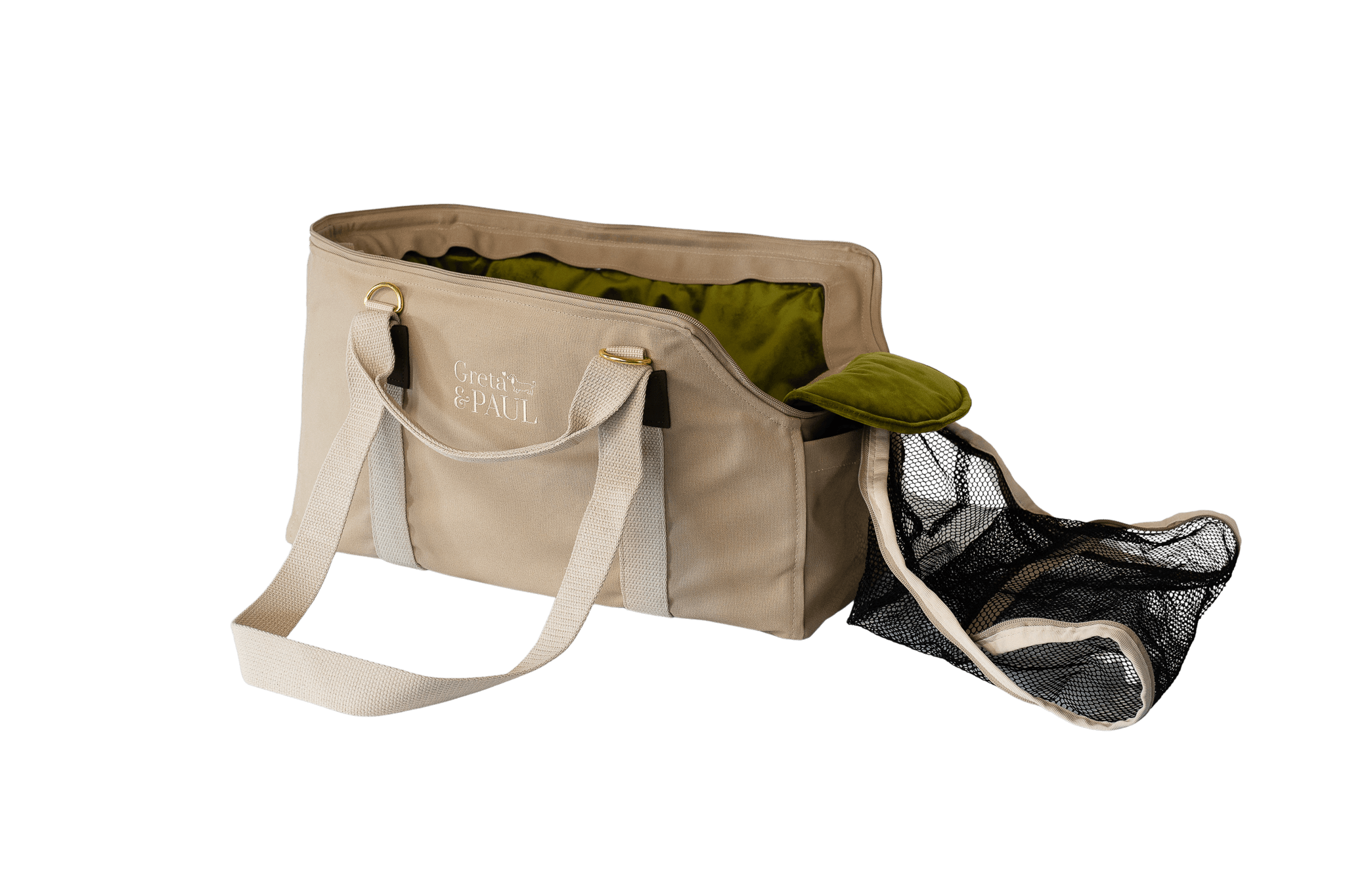 Greta's Hundetasche aus der Sommer-Kollektion in Beige mit olivgrünem Samt-Inlay, Ansicht mit offenem Netz
