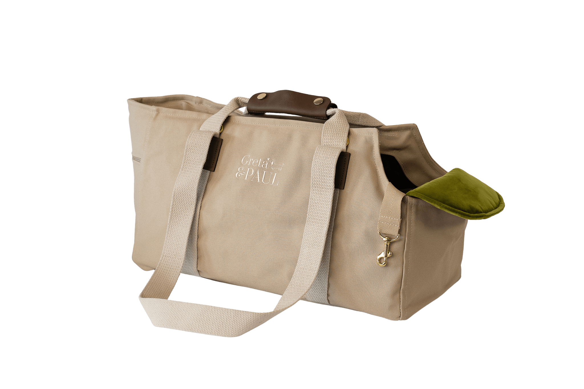Gretas Hundetasche aus der Sommer-Kollektion in Beige mit olivgrünem Samt-Inlay, ohne Netz, Trageansicht