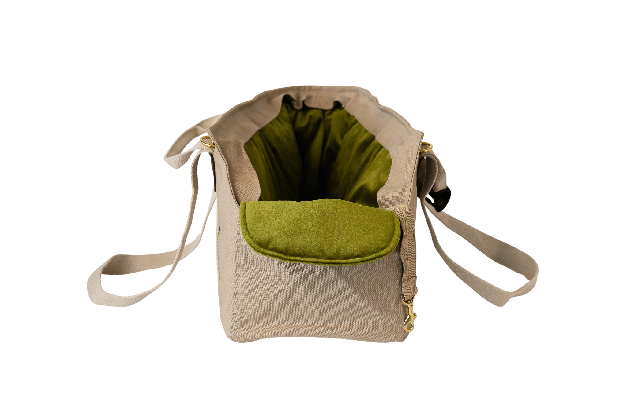 Gretas Hundetasche aus der Sommer-Kollektion in Beige mit olivgrünem Samt-Inlay, Vorderansicht, ohne Netz