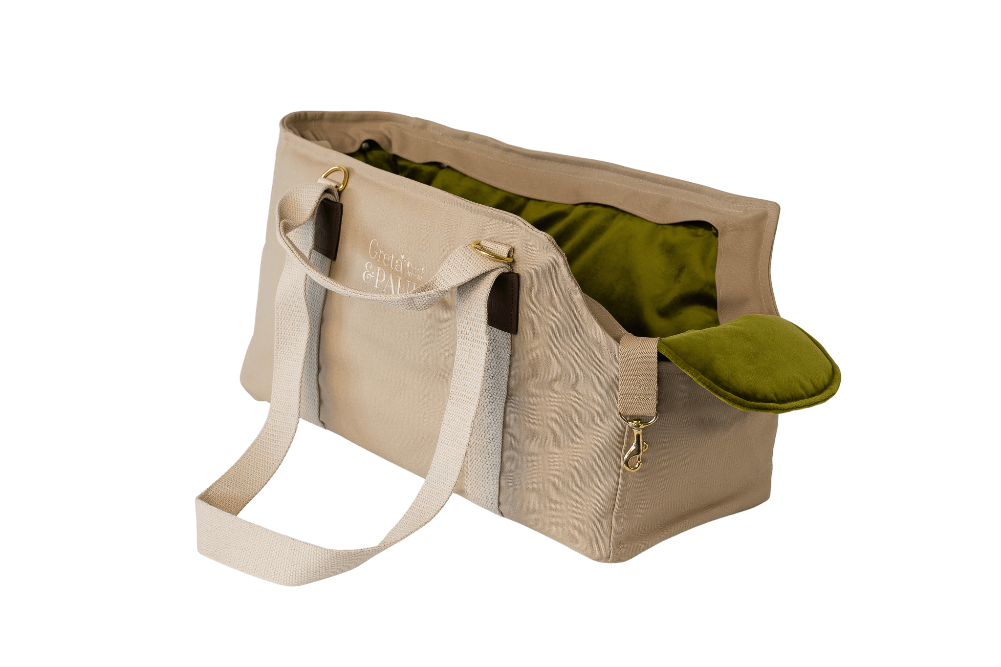 Gretas Hundetasche aus der Sommer-Kollektion in Beige mit olivgrünem Samt-Inlay, ohne Netz