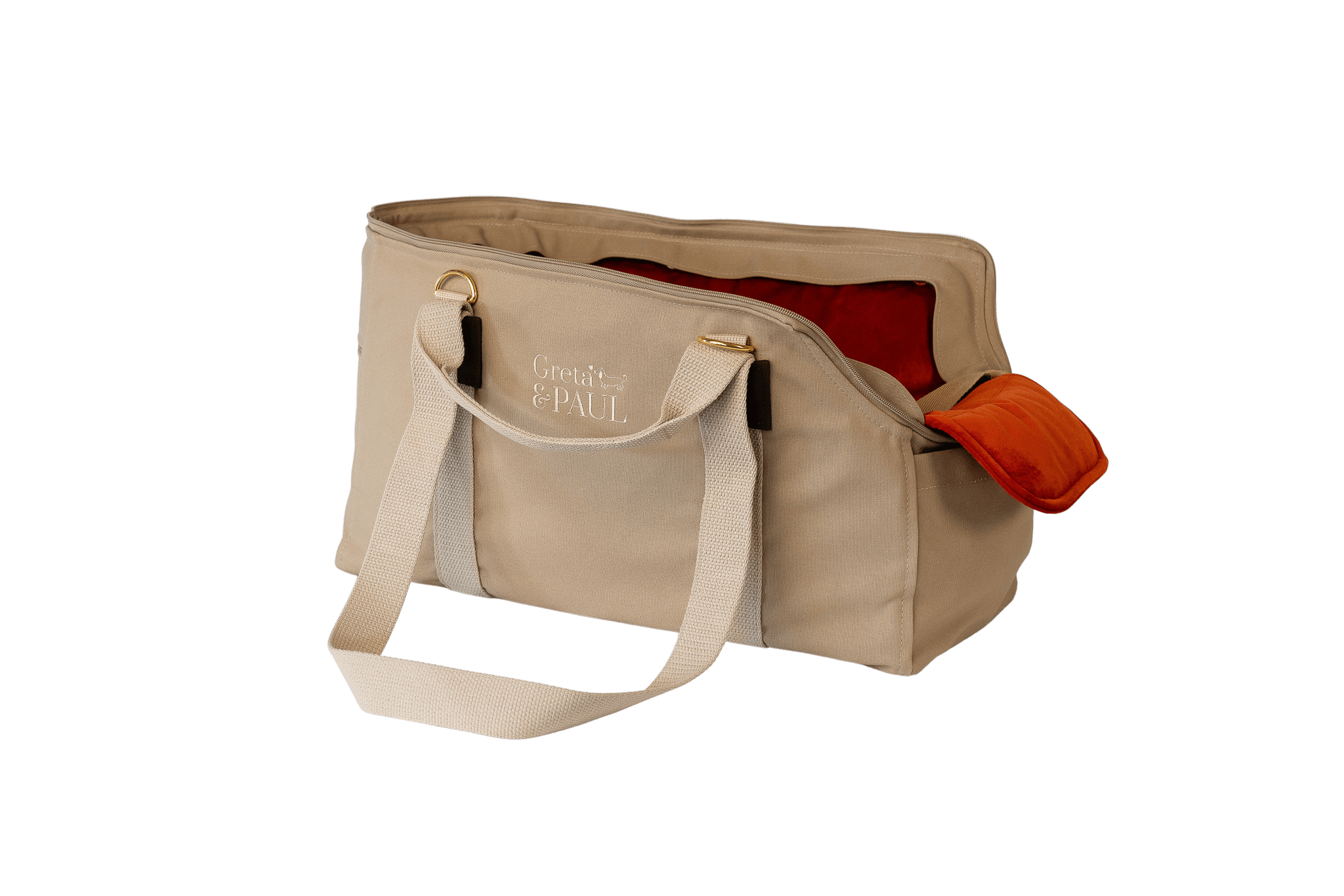 Gretas Hundetasche aus der Sommer-Kollektion in Beige mit orangefarbenem Samt-Inlay, Ansicht mit verstautem Netz