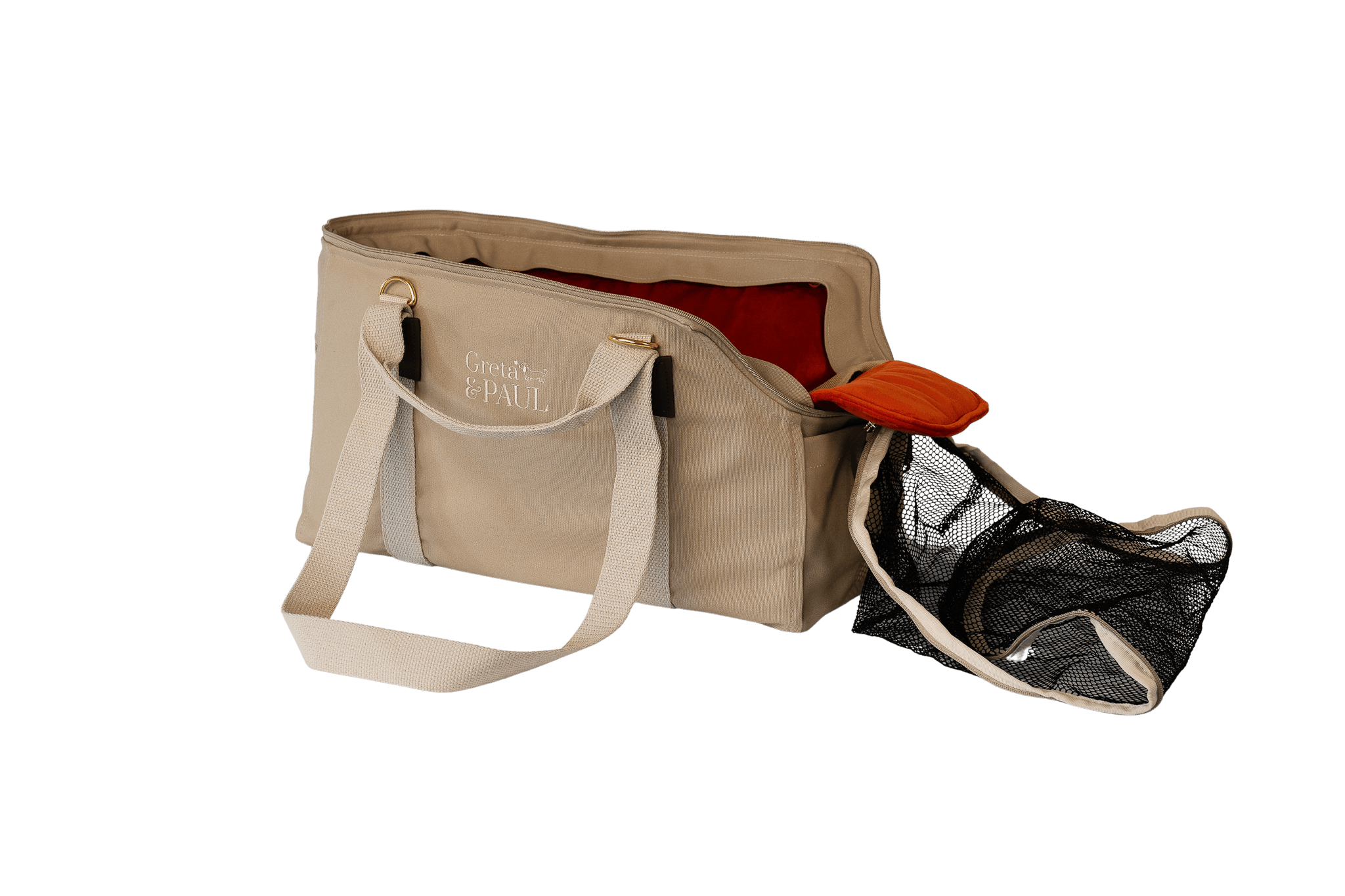 Gretas Hundetasche der Sommer-Kollektion in Beige mit orangefarbenem Samt-Inlay, offene Ansicht mit Sicherheitsnetz