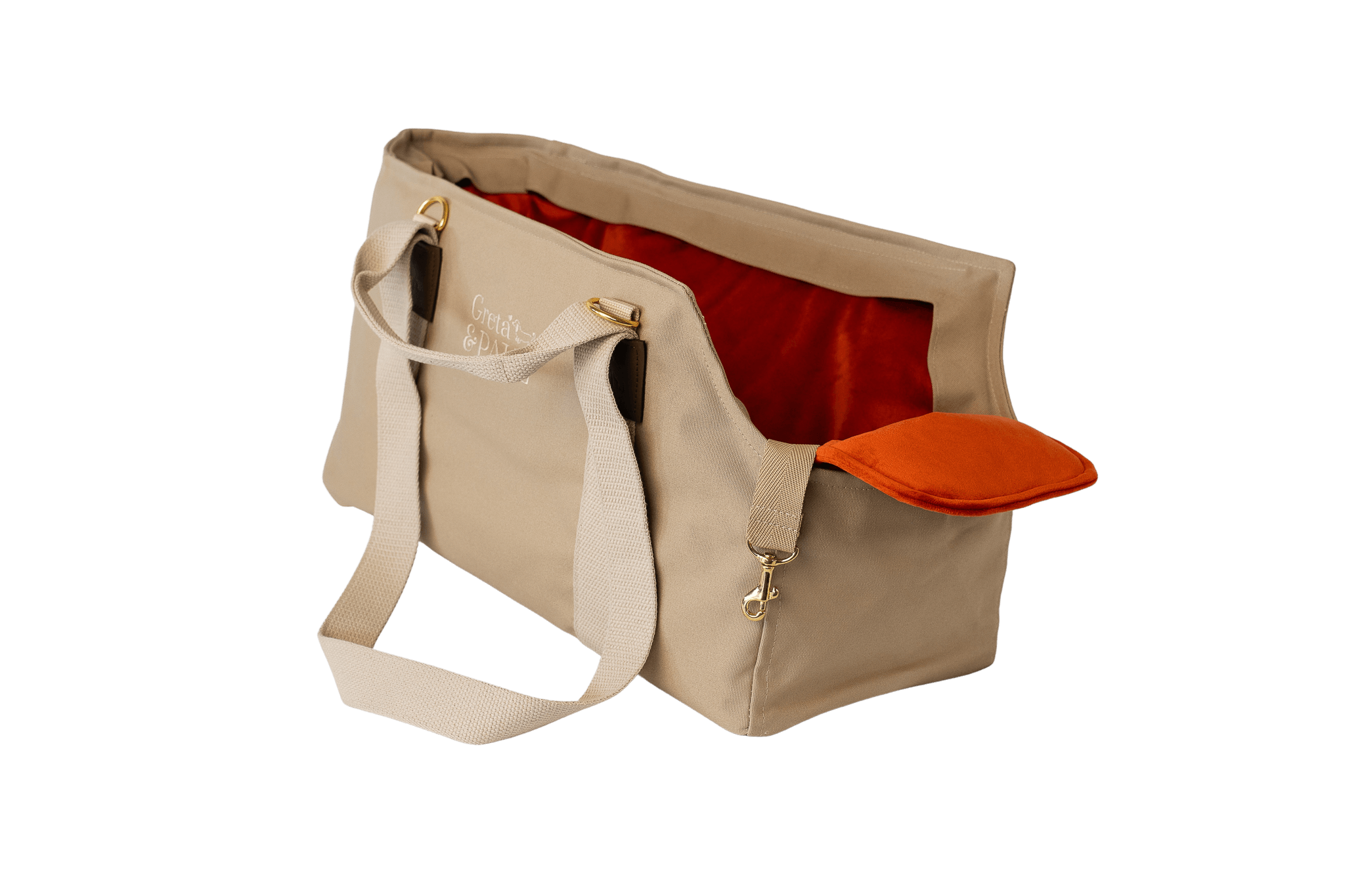 Gretas Hundetasche aus der Sommer-Kollektion in Beige mit orangefarbenem Samt-Inlay, ohne Netz