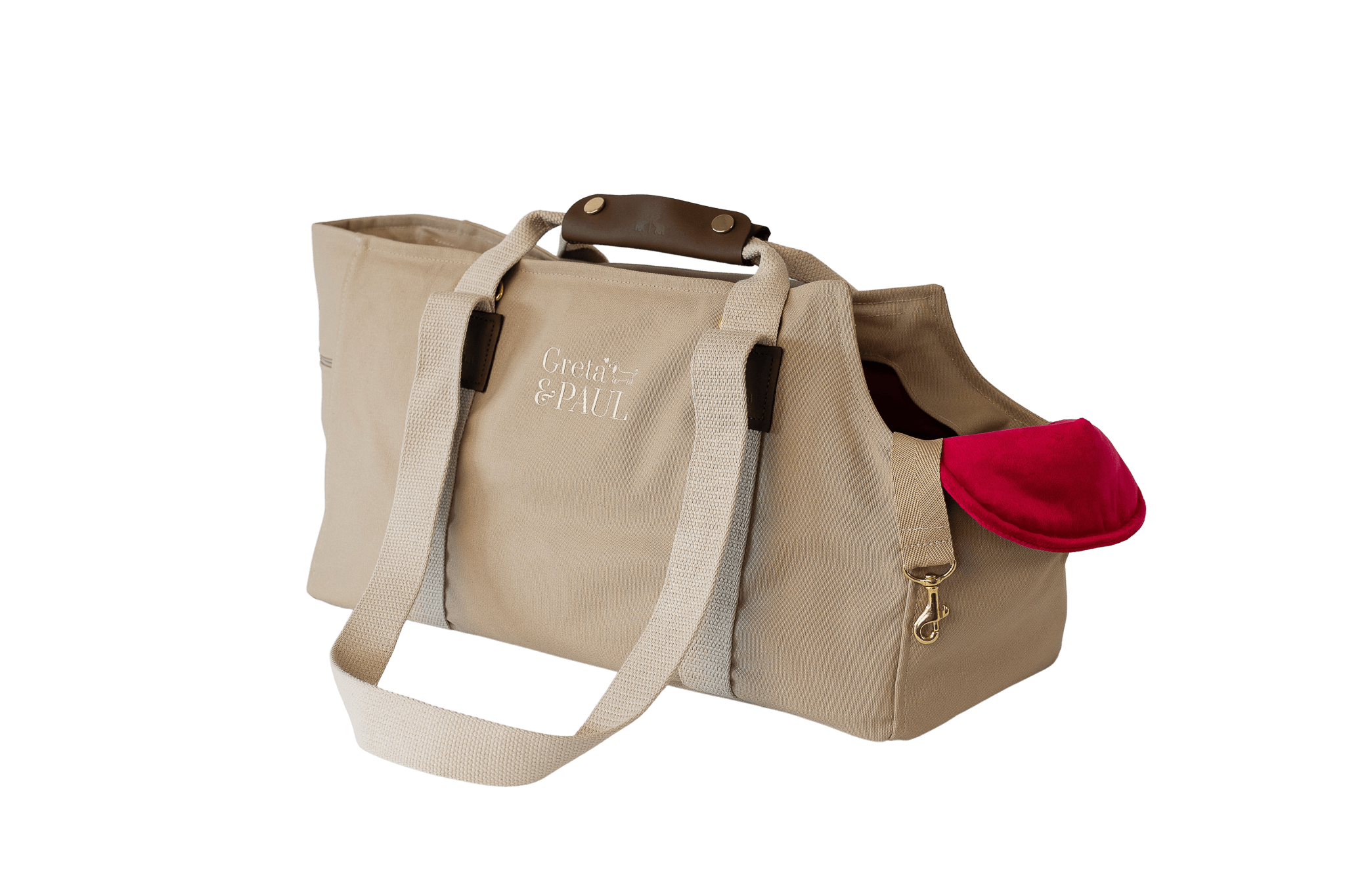 Gretas Hundetasche aus der Sommer-Kollektion in Beige mit pinkem Samt-Inlay, ohne Netz, Trageansicht