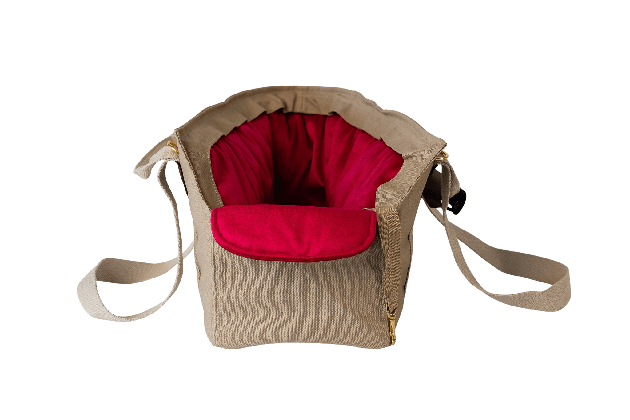 Gretas Hundetasche aus der Sommer-Kollektion in Beige mit pinkem Samt-Inlay, Vorderansicht, ohne Netz