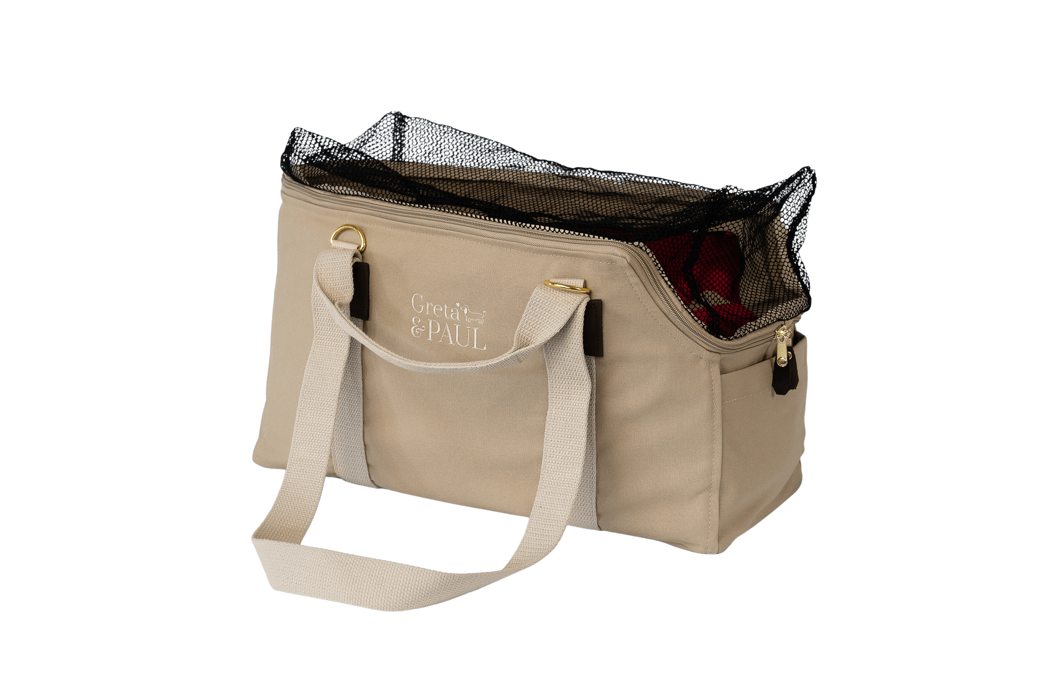 Gretas Hundetasche aus der Sommer-Kollektion in Beige mit pinkem Samt-Inlay, Ansicht mit geschlossenem Netz