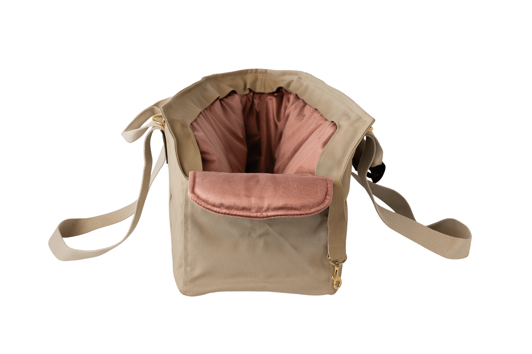 Gretas Hundetasche aus der Sommer-Kollektion in Beige mit rosafarbenem Samt-Inlay, Vorderansicht, ohne Netz