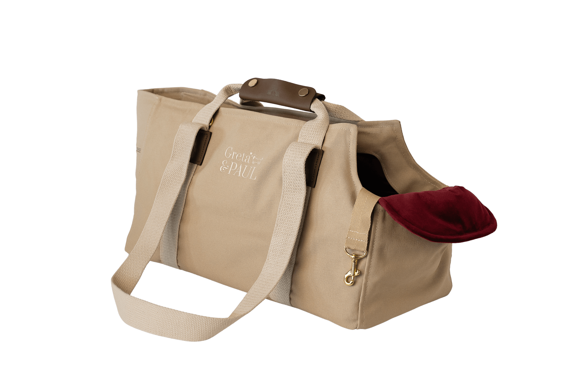 Gretas Hundetasche aus der Sommer-Kollektion in Beige mit very berryfarbenem Samt-Inlay, ohne Netz, Trageansicht