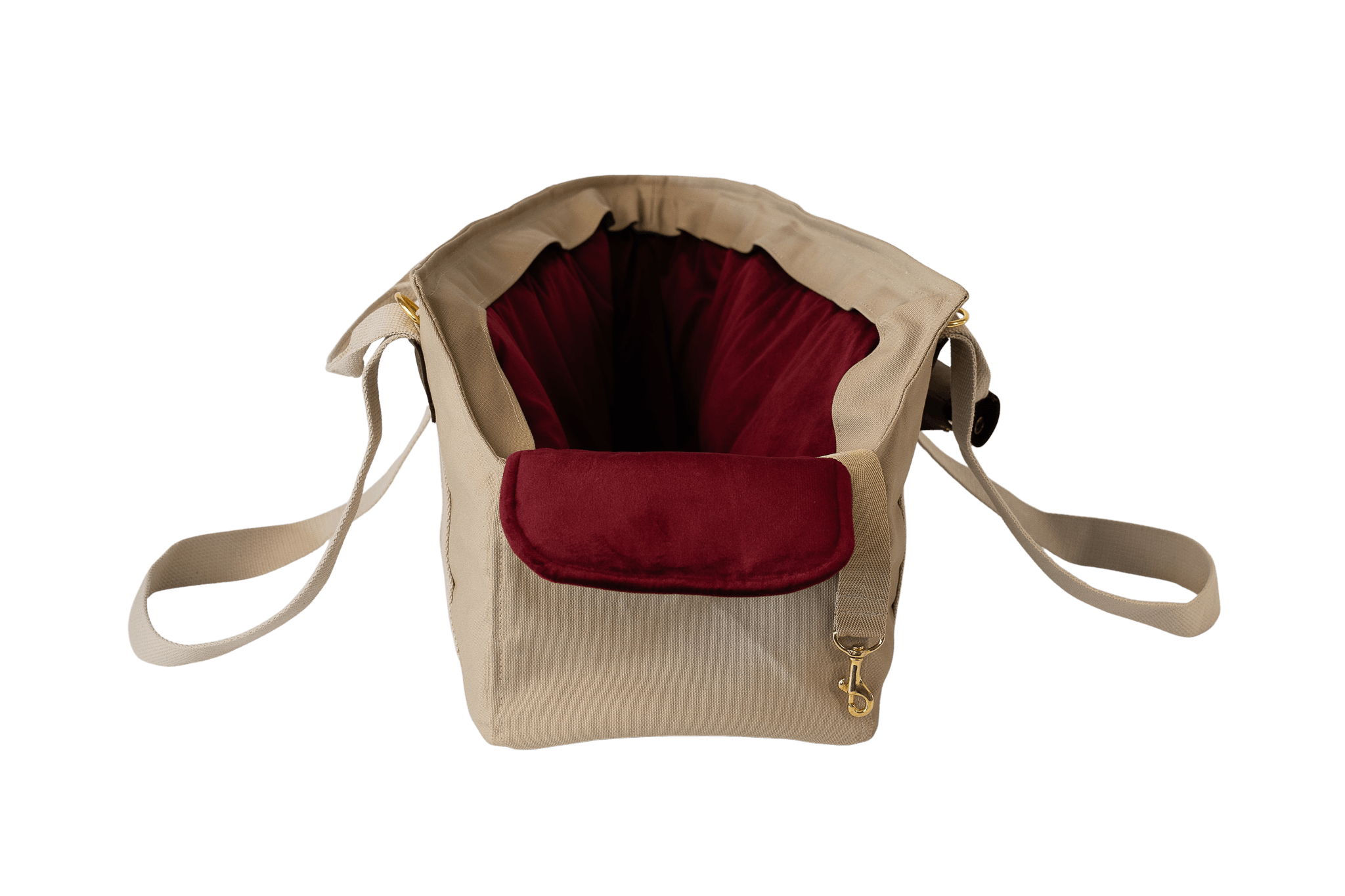 Gretas Hundetasche aus der Sommer-Kollektion in Beige mit very berryfarbenem Samt-Inlay, Vorderansicht, ohne Netz