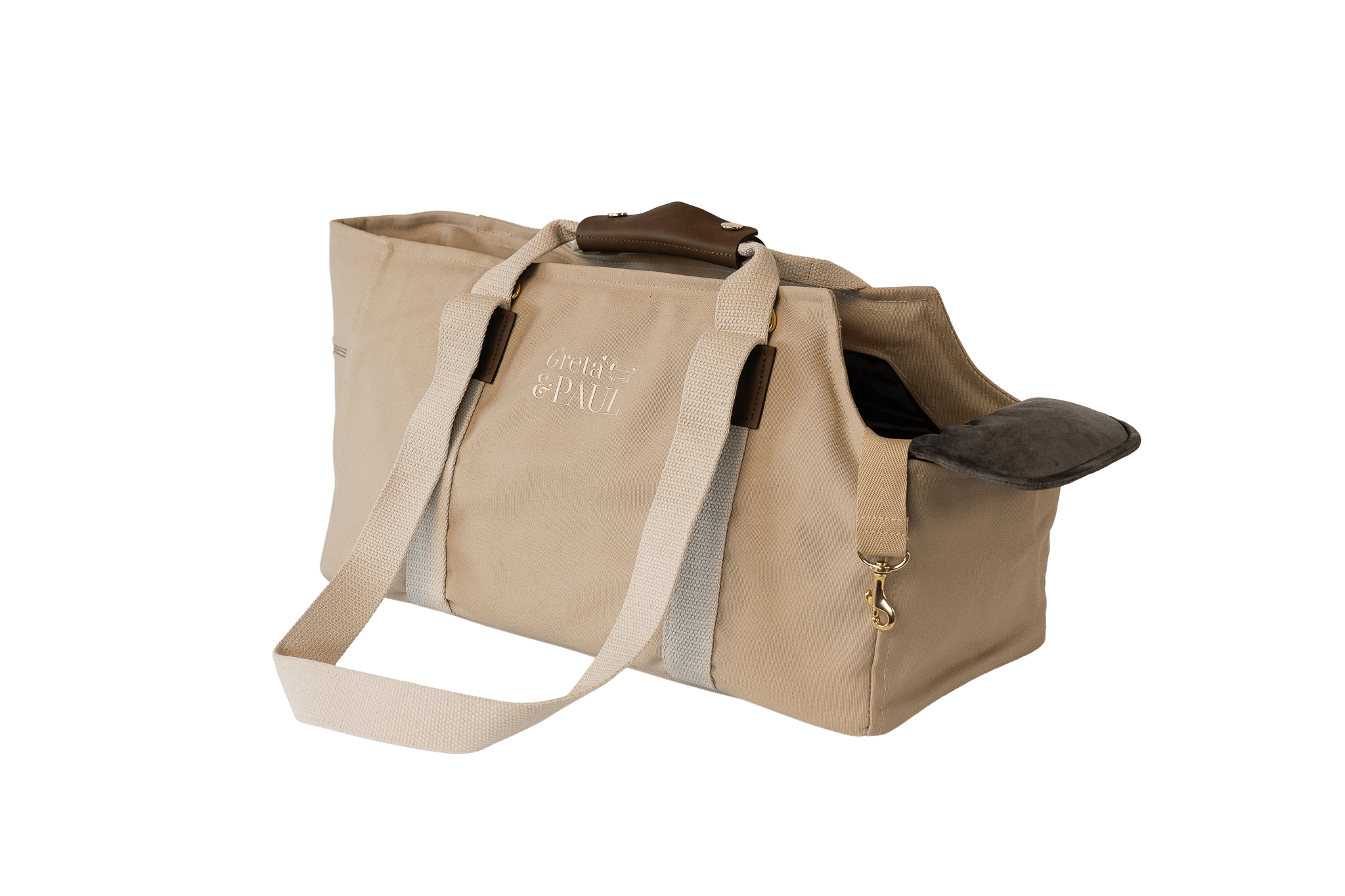 Gretas Hundetasche aus der Sommer-Kollektion in Beige mit anthrazitfarbenem Samt-Inlay, ohne Netz, Trageansicht