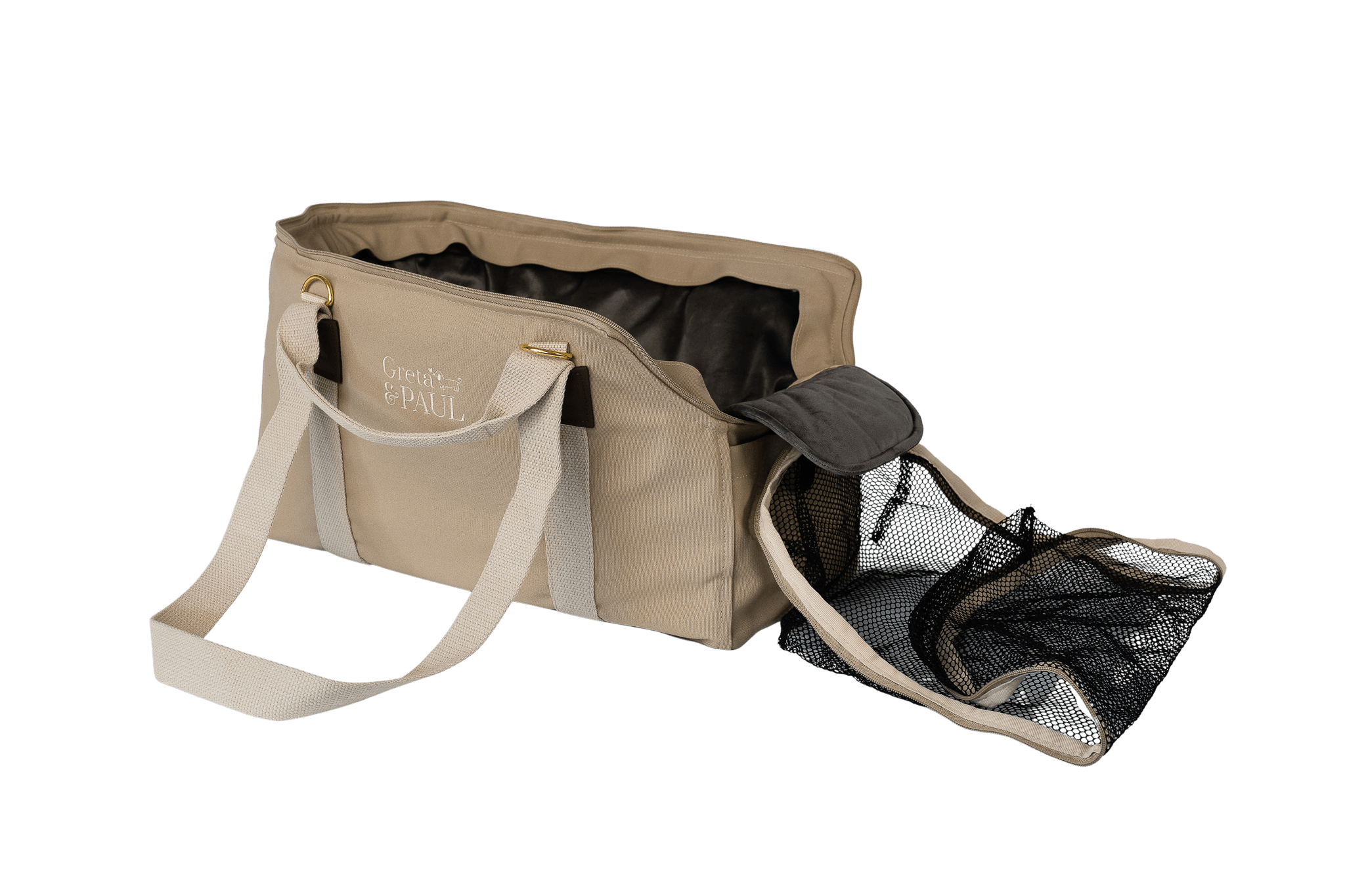 Greta's Hundetasche der Sommer-Kollektion in Beige mit anthrazitfarbenem Samt-Inlay und geöffnetem Sicherheitsnetz.
