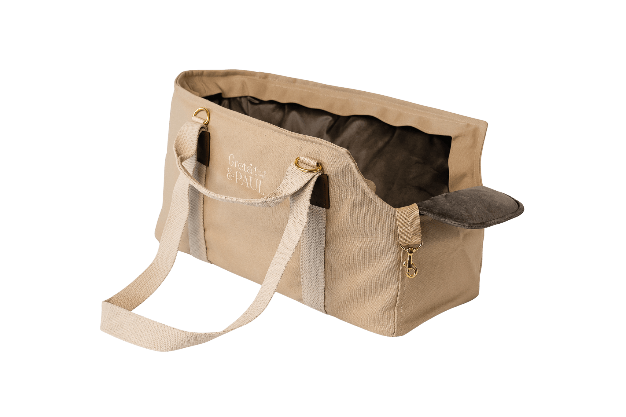 Gretas Hundetasche aus der Sommer-Kollektion in Beige mit anthrazitfarbenem Samt-Inlay, ohne Netz