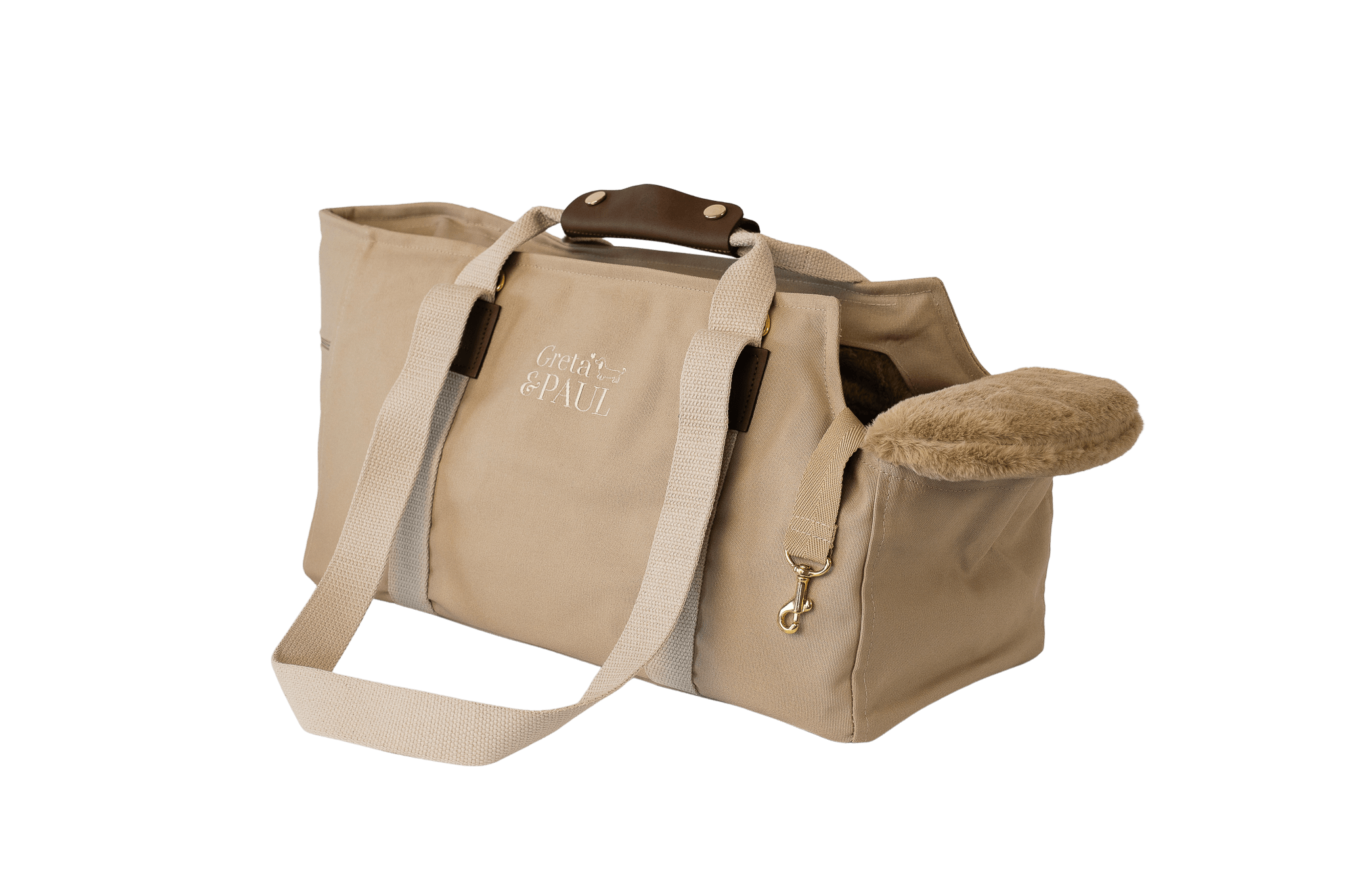 Gretas Hundetasche aus der Sommer-Kollektion in Beige mit beige-goldfarbenem Flausch-Inlay, ohne Netz, Trageansicht